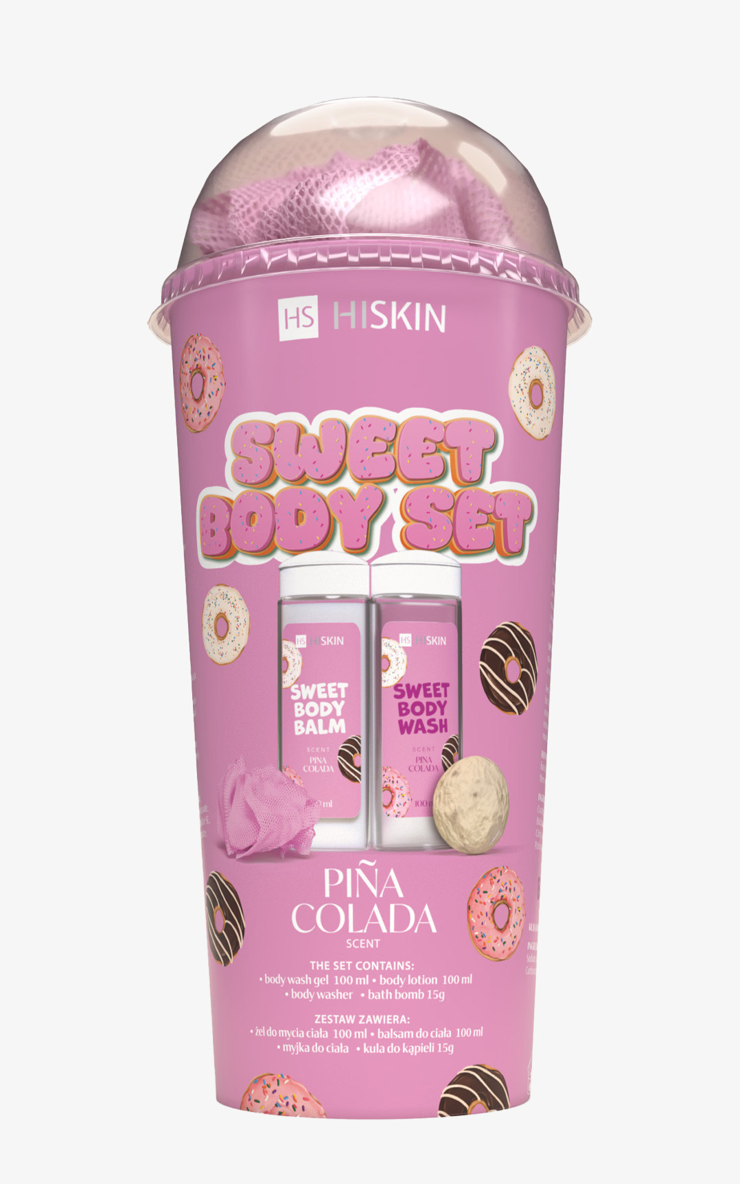 Hiskin Sweet Body Set zestaw o zapachu Pina Colady, żel pod prysznic, 100 ml, balsam do ciała, 100 ml, myjka, 1 sztuka, mini kula do kąpieli, 15 g zdjęcie