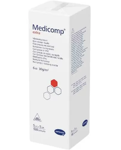 Hartmann Medicomp Extra kompresy niejałowe z włókniny 6 warstwowe 5 cm x 5 cm 100 sztuk zdjęcie