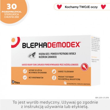 BLEPHADEMODEX Chusteczki do higieny powiek i rzęs przy infekcji nużeńcami, 30 sztuk