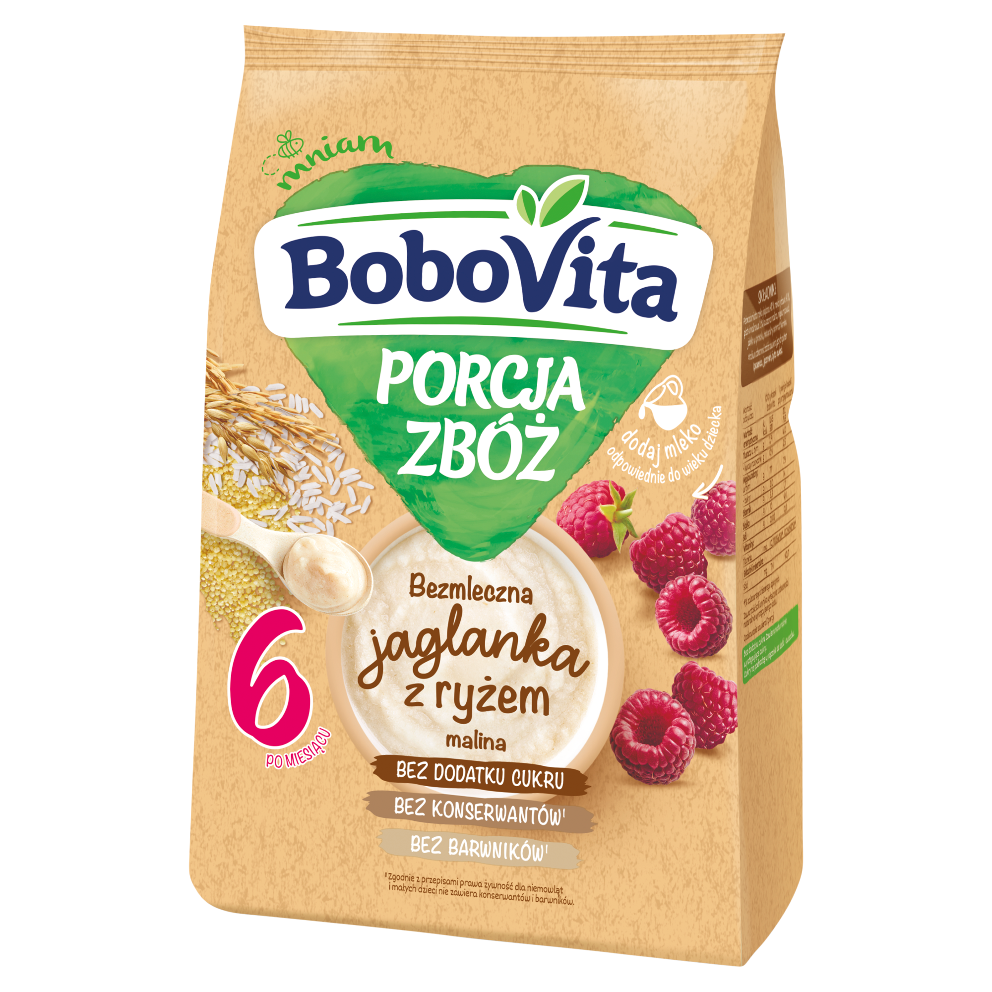 BoboVita Porcja Zbóż Kaszka bezmleczna jaglano-ryżowa malina, po 6. miesiącu, 170 g zdjęcie