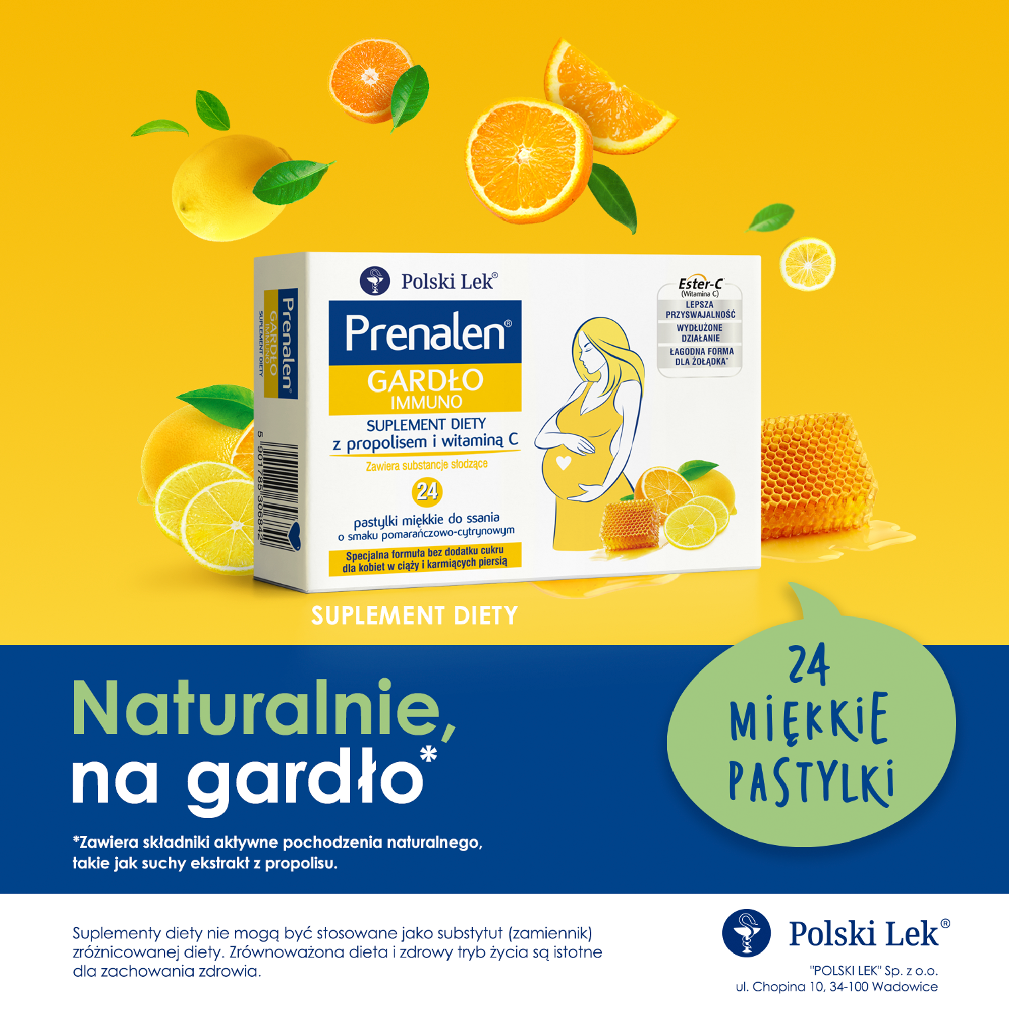 Prenalen Gardło Immuno z propolisem i witaminą C, 24 past., cena, opinie, wskazania