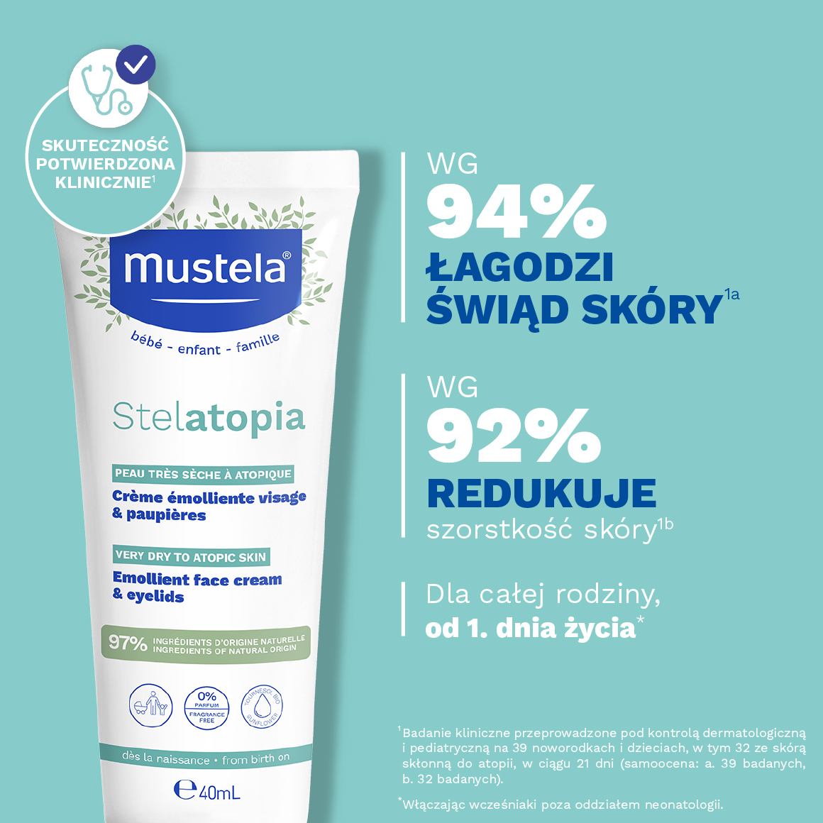 Mustela Stelatopia, Krem emolient do twarzy, 40 ml