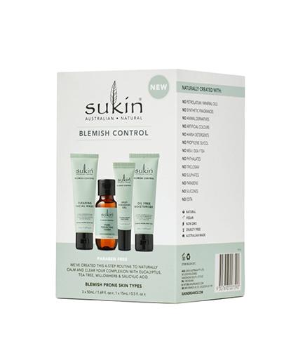 Sukin Blemish Control Zestaw Żel do mycia twarzy, 50 ml + Tonik minimalizujący pory, 50 ml + Żel na niedoskonałości, 15 ml + Krem do twarzy bez olejków, 50 ml, cena, wskazania, właściwości zdjęcie