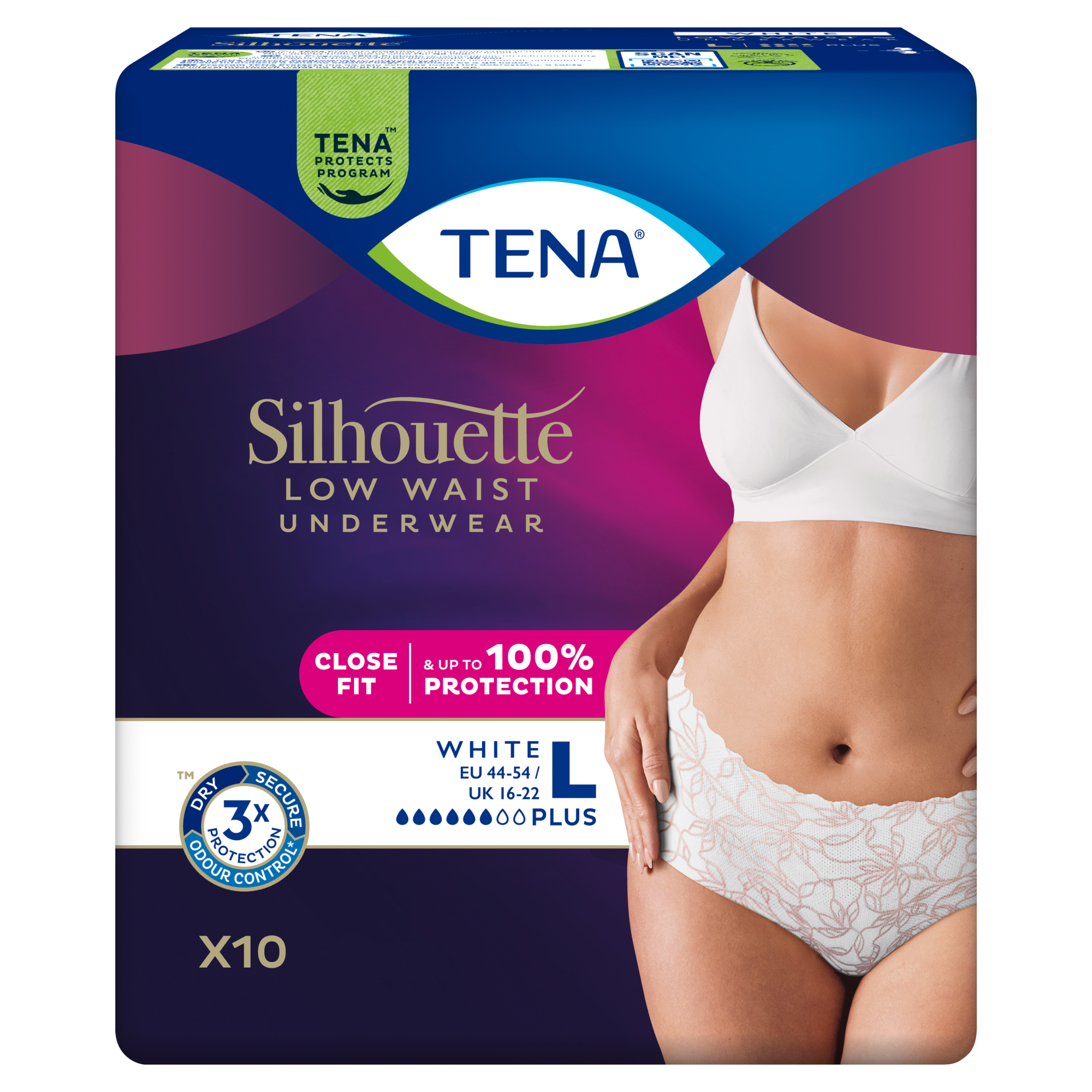 TENA Silhouette Plus majtki chłonne z niskim stanem, White, rozmiar L, 10 sztuk zdjęcie