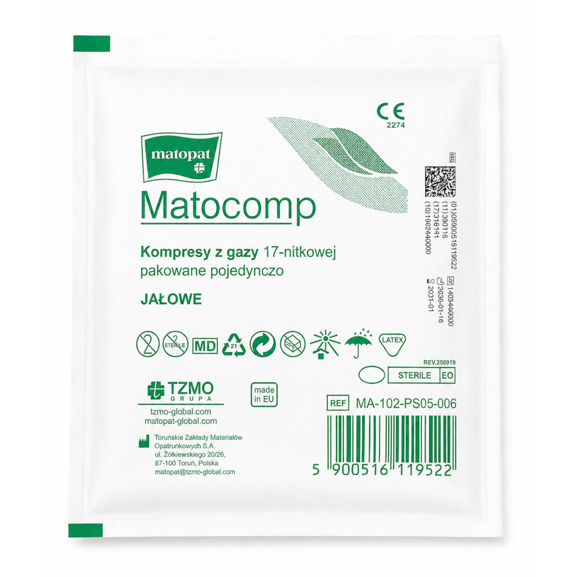 Matocomp, Kompres z gazy jałowe 17-nitkowe 12-warstwowe 9x9cm Peel Pack, 5 sztuki zdjęcie