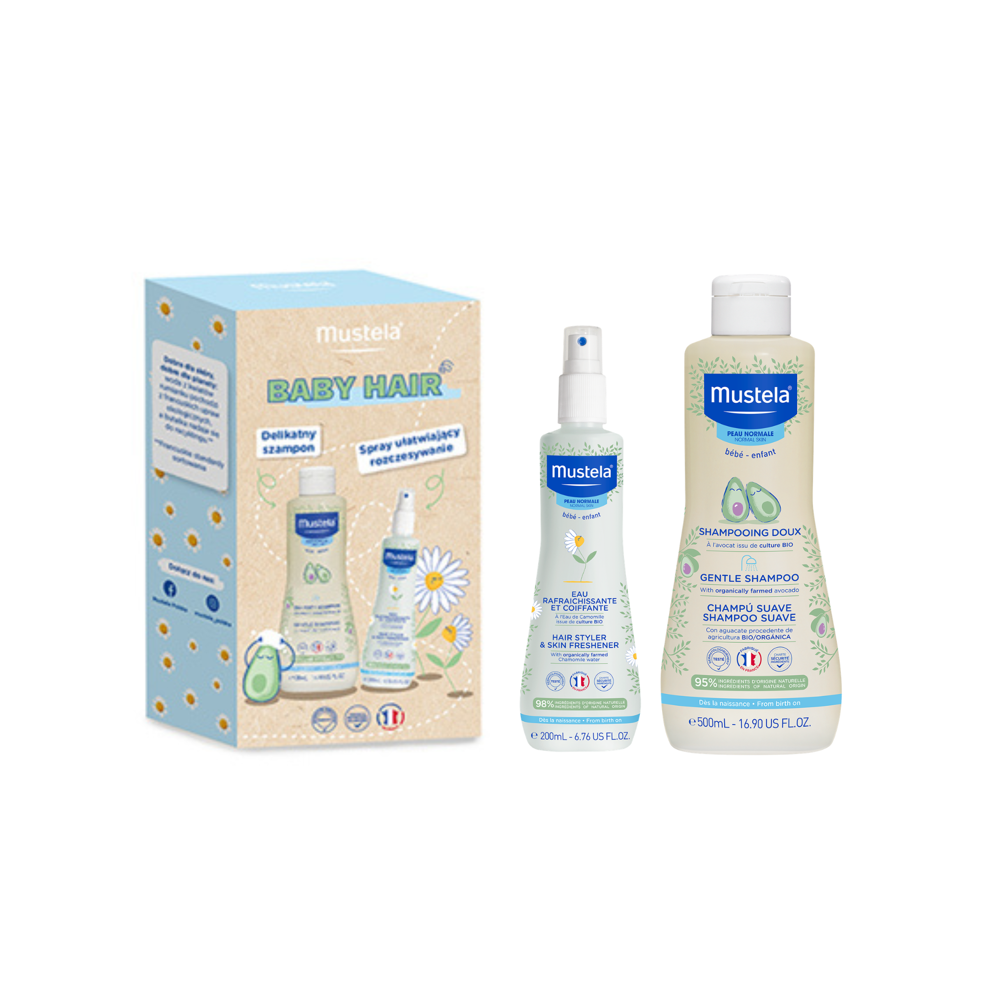 Mustela Zestaw Baby Hair Delikatny Szampon, 500 ml + Odświeżający Spray do włosów, 200 ml zdjęcie