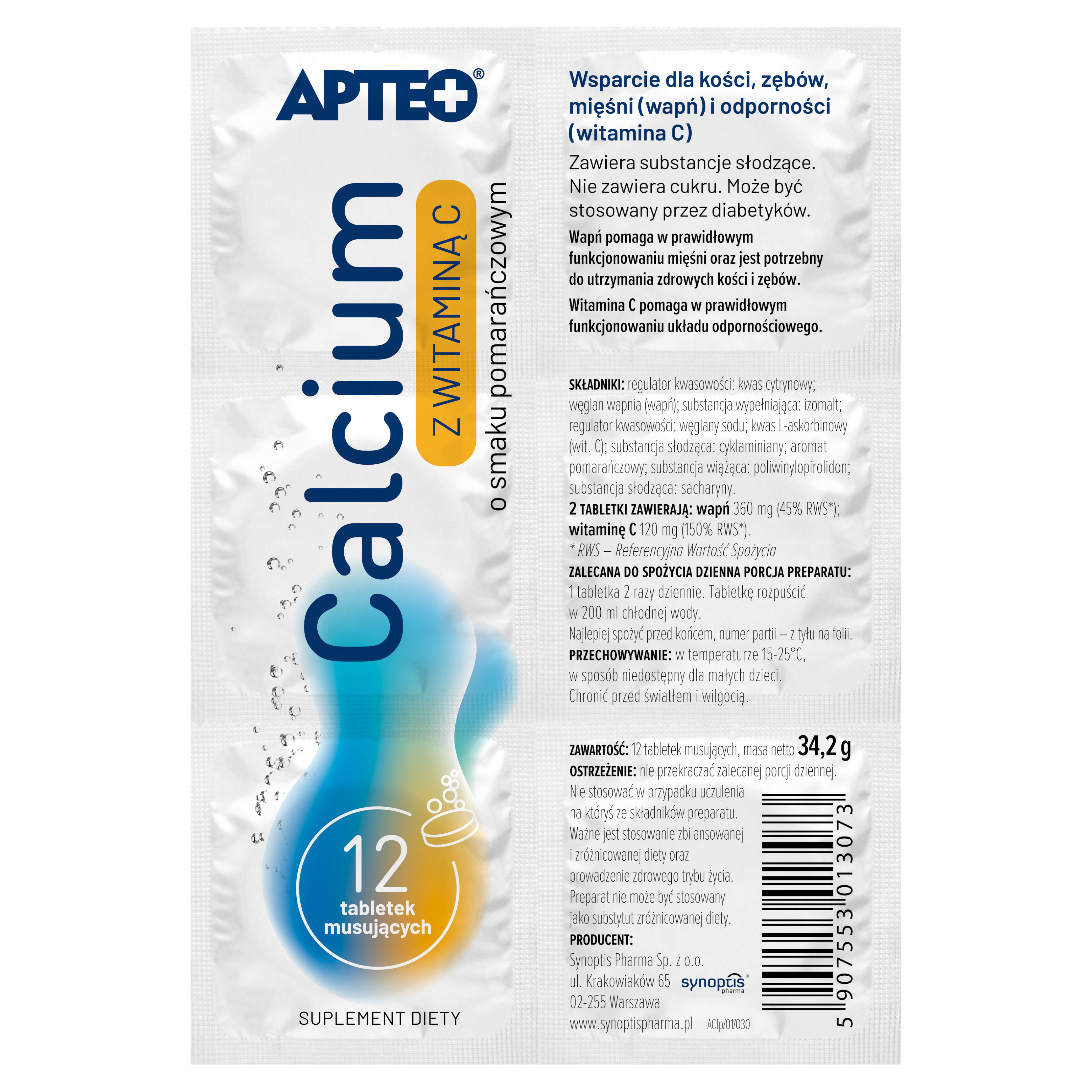Apteo Calcium w folii z witaminą C smak pomarańczowy 12 tabletek musujących zdjęcie