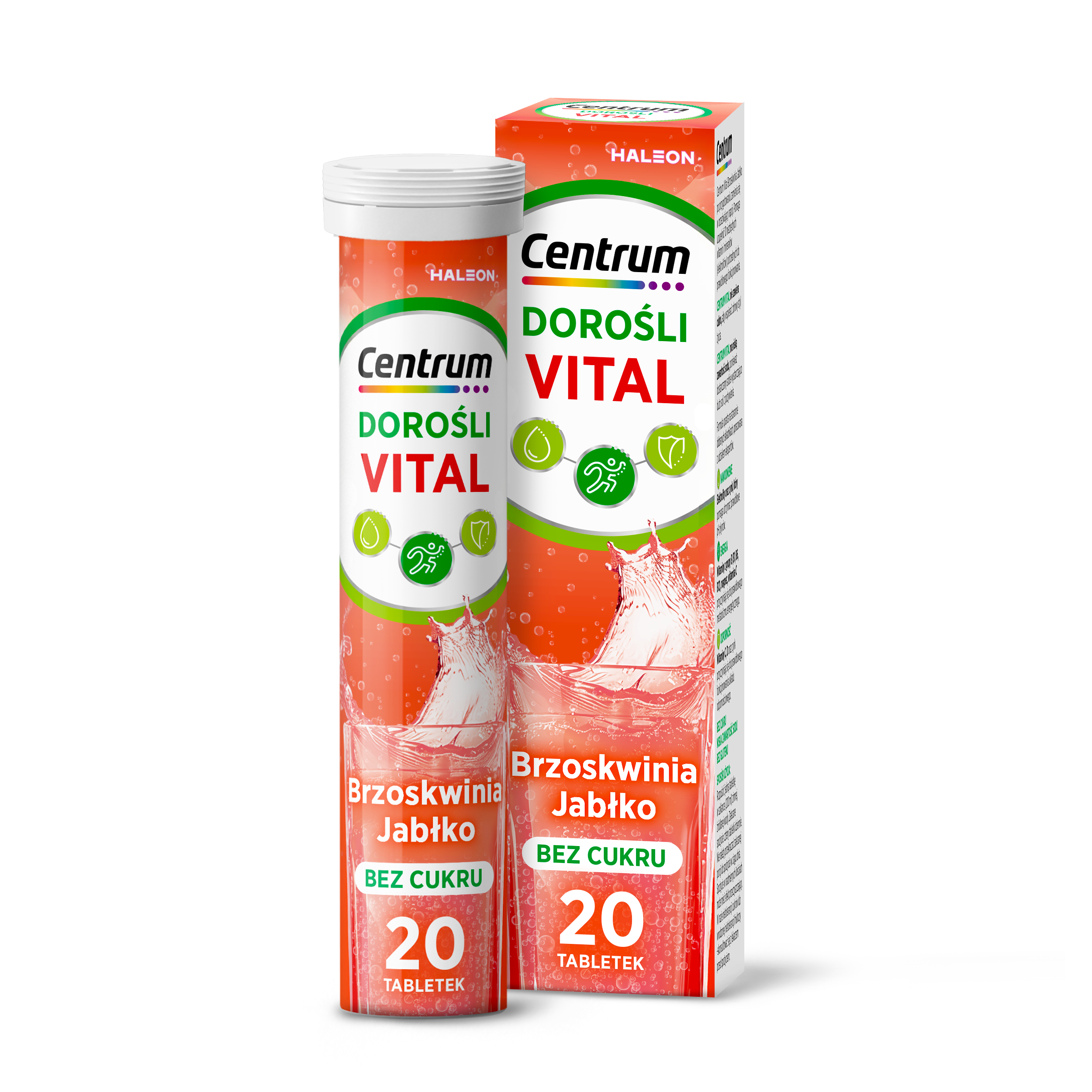 Centrum Vital Dorośli, smak brzoskwiniowo jabłkowy, bez cukru, tabletki musujące, 20 sztuk