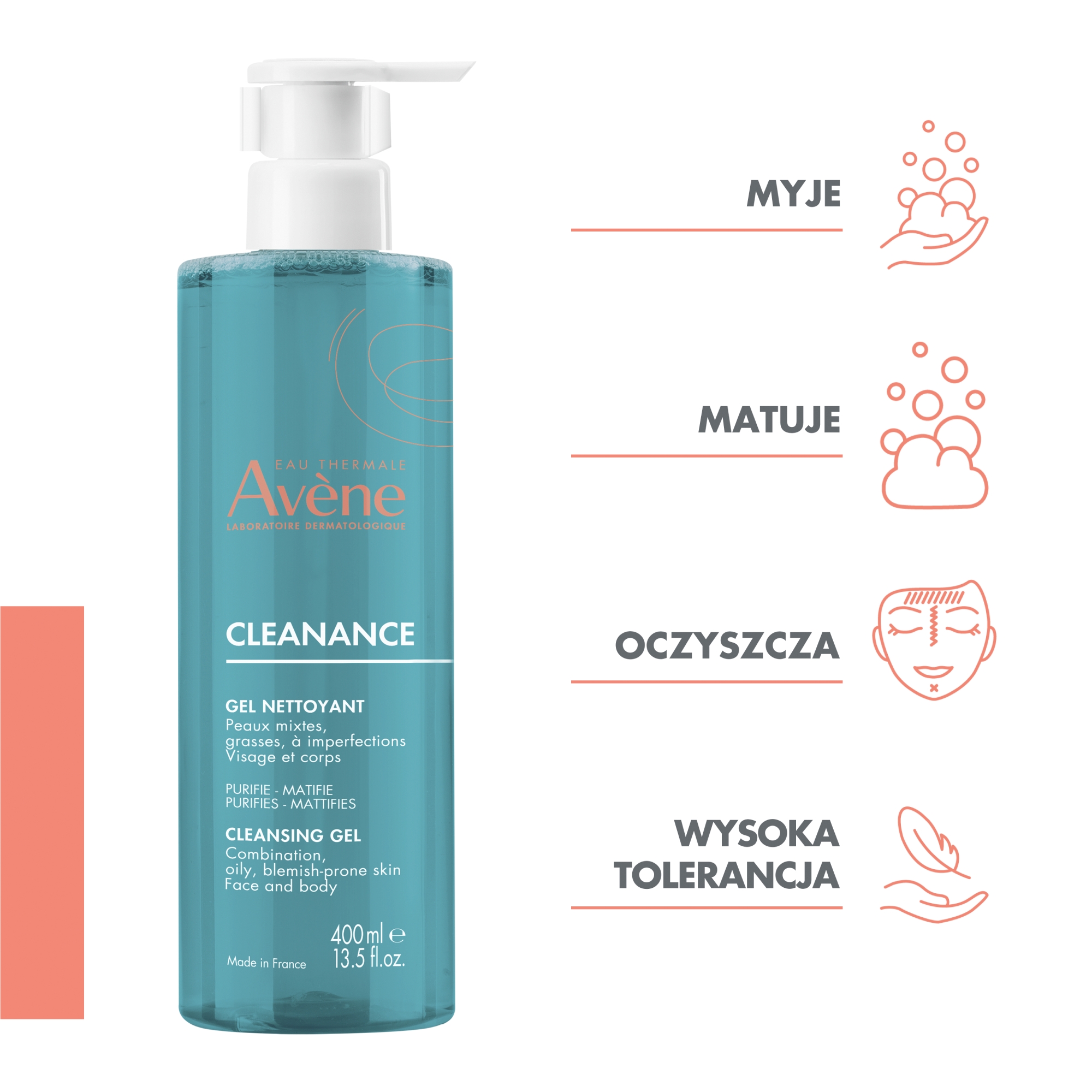 Avene Cleanance, żel oczyszczający do twarzy, skóra trądzikowa, 400 ml