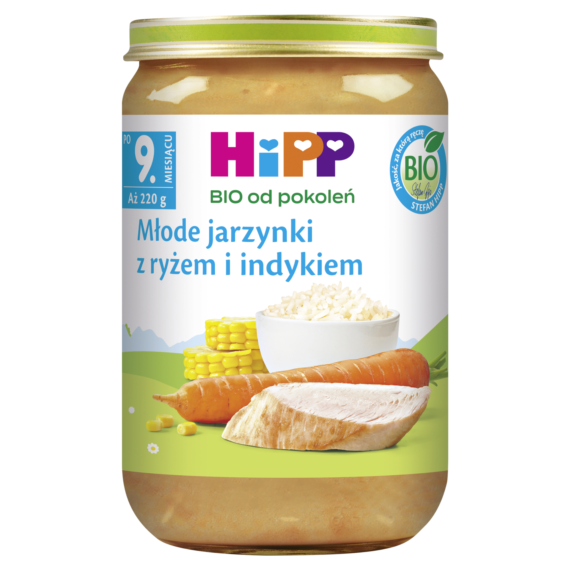 HiPP BIO od pokoleń, Młode jarzynki z ryżem i indykiem, po 9. m-cu, 220 g zdjęcie