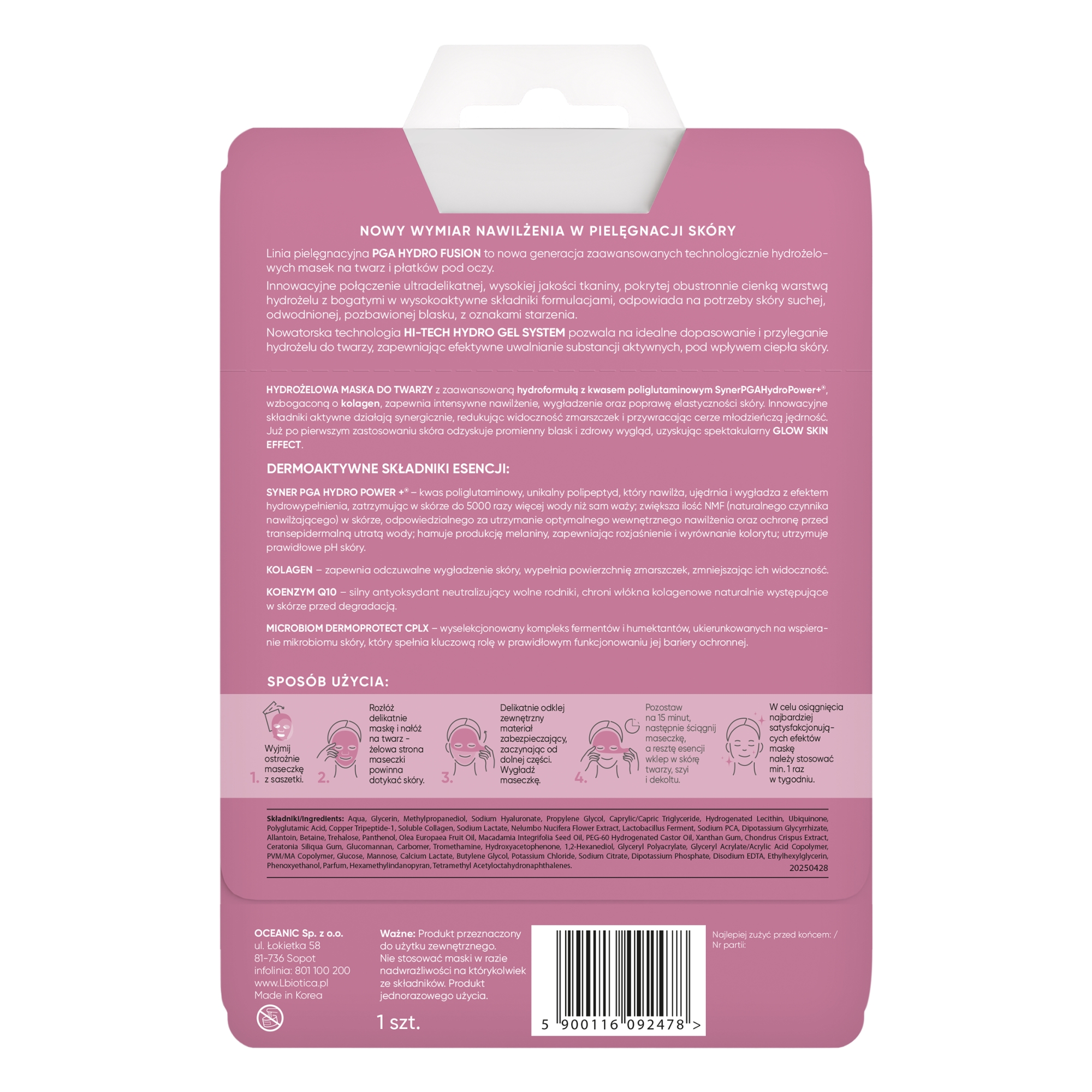 L'biotica, Hydrożelowa Maska do twarzy z kolagenem, 1 sztuka