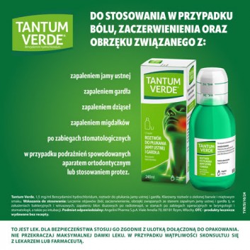 Tantum Verde płyn 1,5 mg/ml, na stany zapalne jamy ustnej i ból gardła, roztwór do płukania jamy ustnej i gardła, 240 ml