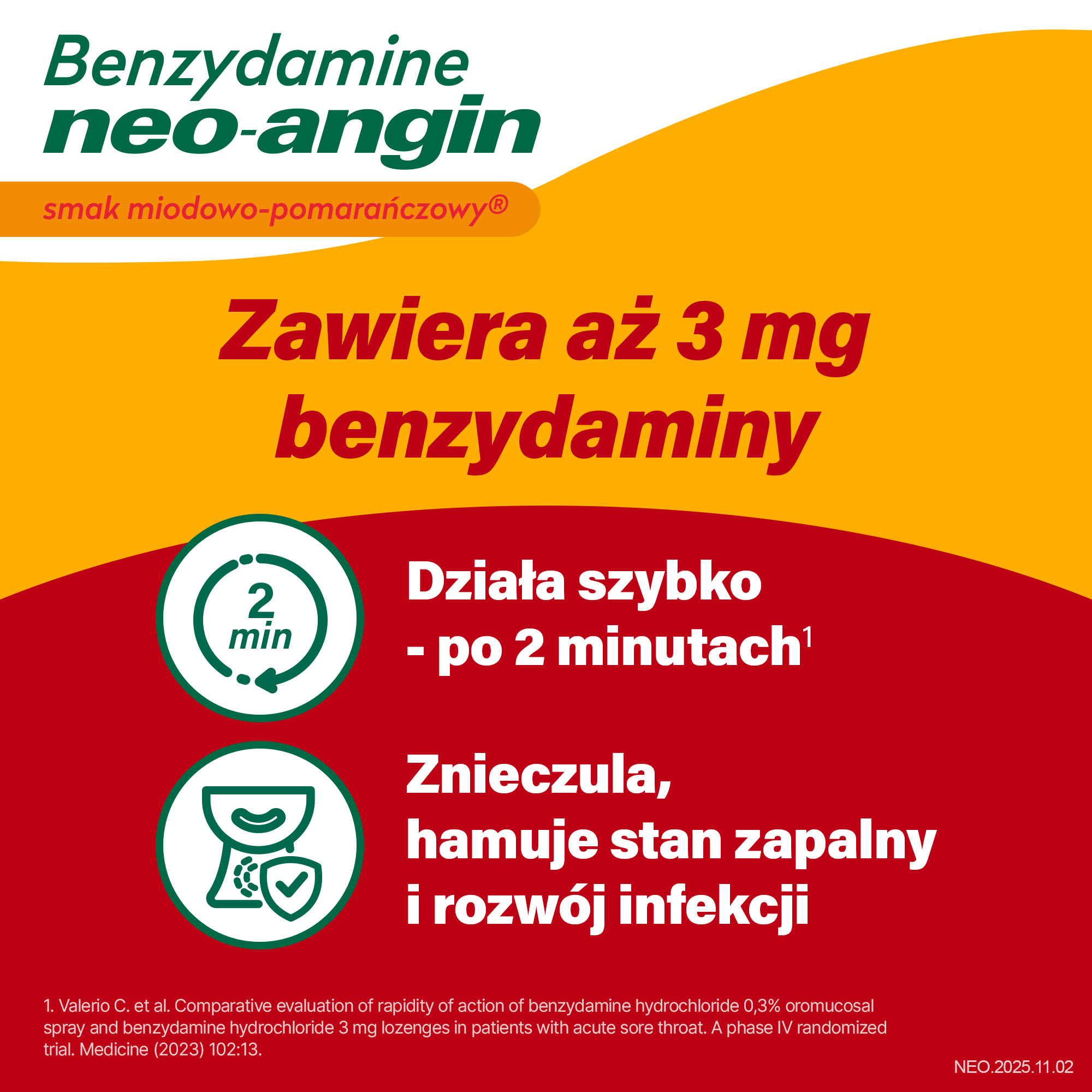 Benzydamine neo-angin smak miodowo-pomarańczowy, tabletki, 20 sztuk