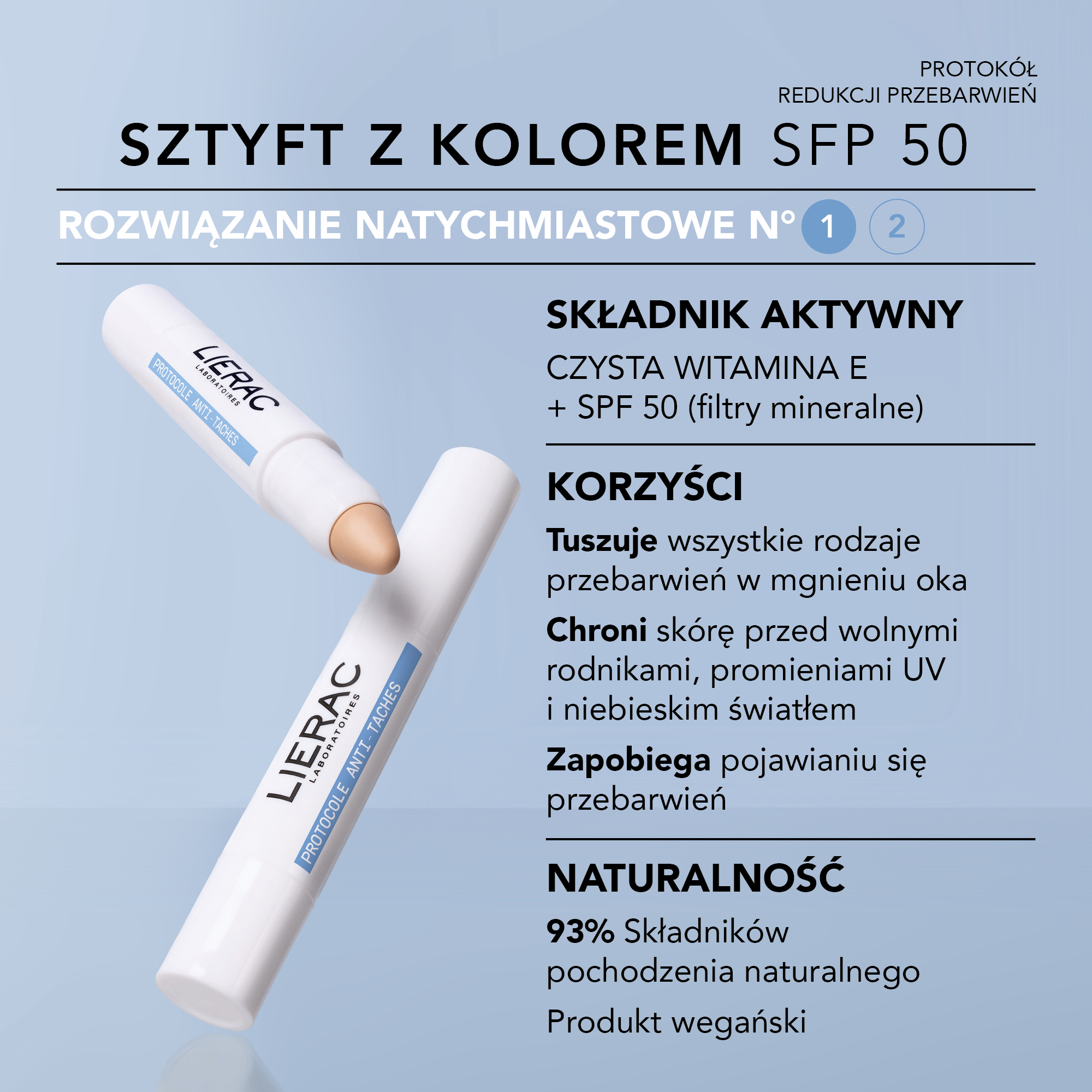 Lierac Protocole, Sztyft z kolorem SPF 50, redukcja przebarwień czysta witamina E, 2,7 g