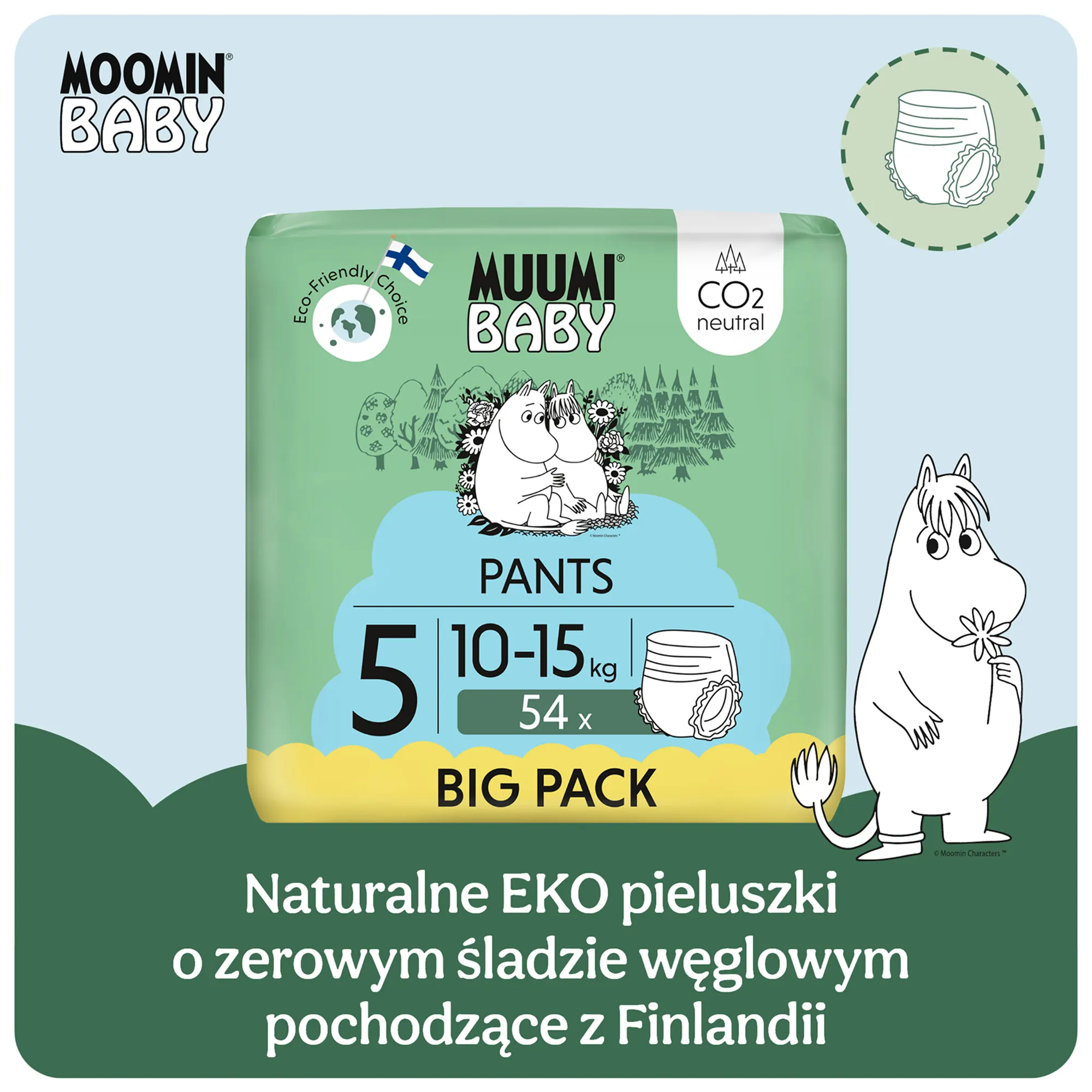 Muumi Baby Pants pieluchomajtki 5 Maxi+ 10-15 kg 54 sztuki