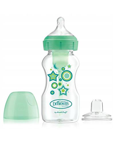 Dr Brown's Options+ Zestaw 'Od butelki do kubka' Butelka szeroka szyjka 270 ml ze smoczkiem i ustnikiem niekapkiem 6m+, kolor zielony - 1 sztuka zdjęcie