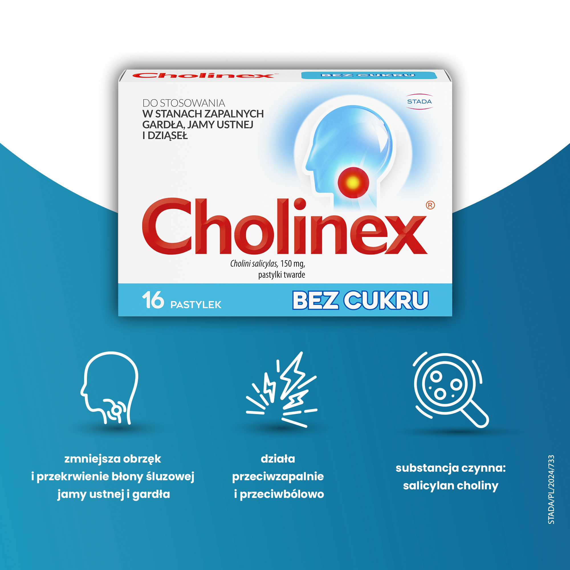 Cholinex Sugarfree pastylki do ssania na ból gardła - 16 sztuk