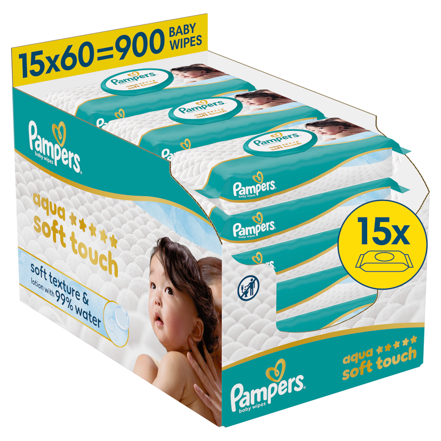 Pampers Aqua Soft Touch, chusteczki nawilżane dla dzieci, 15 x 60 sztuk