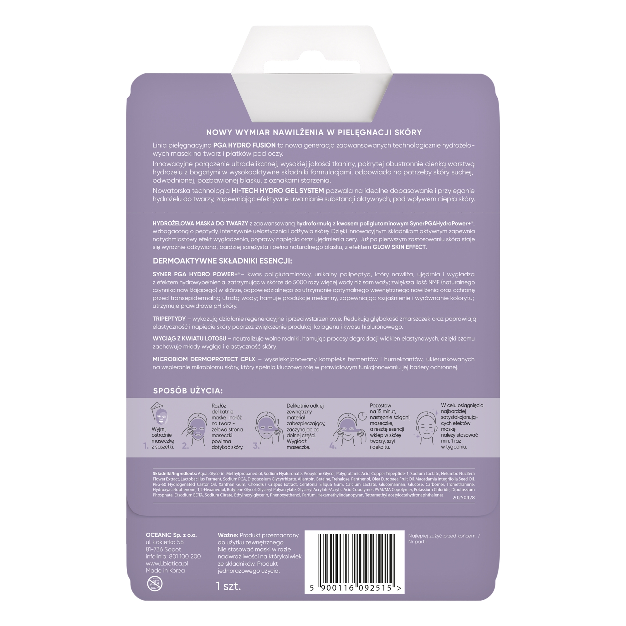 L'biotica, Hydrożelowa Maska do twarzy z peptydami, 1 sztuka