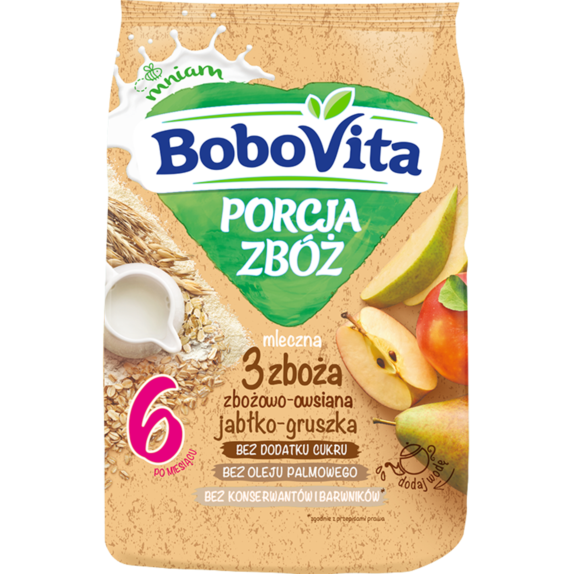 BOBOVITA PORCJA  3 ZBOŻA Kaszka mleczna o smaku jabłkowo-gruszkowym po 6 m-cu - 210 g zdjęcie