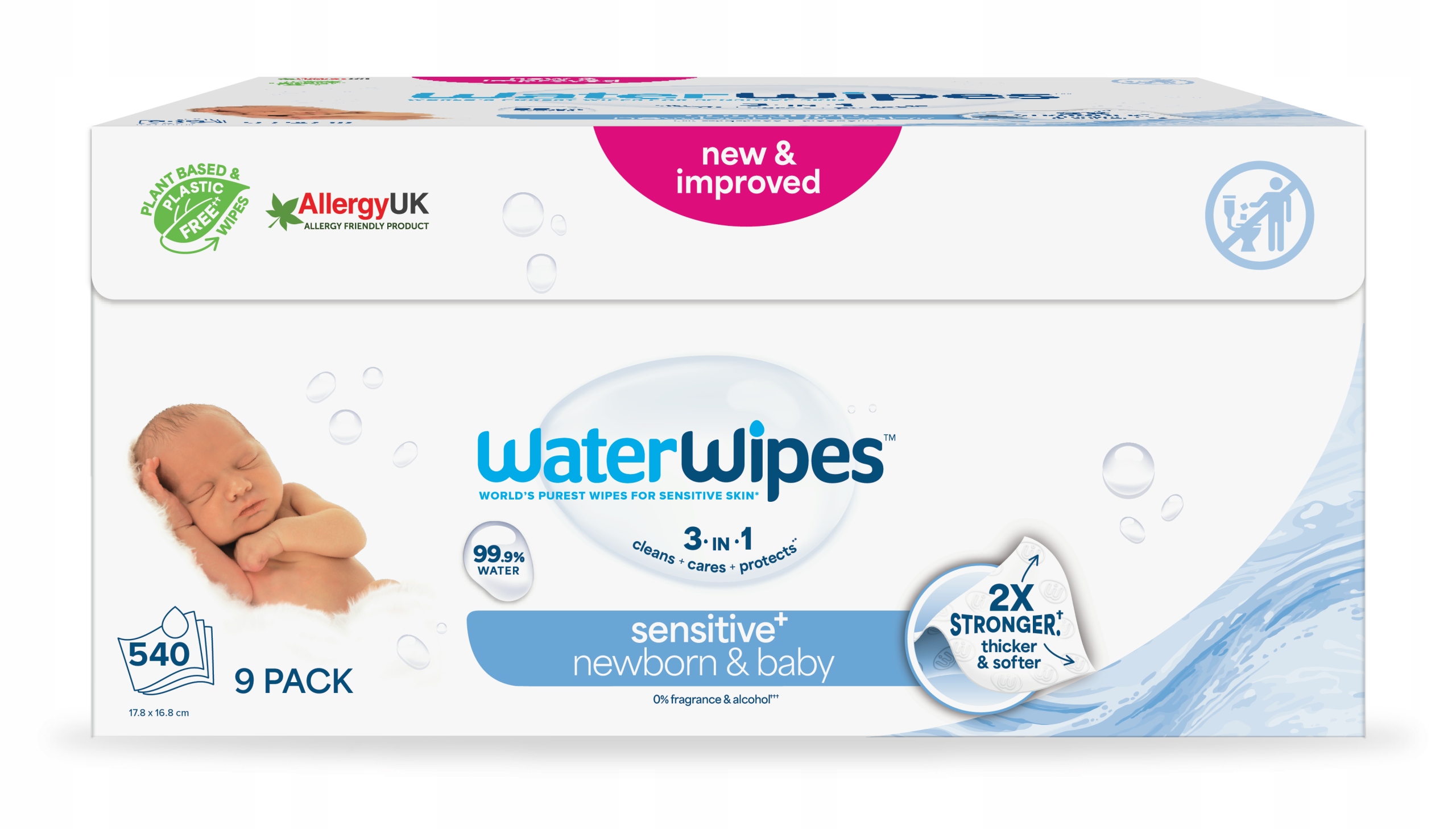 WaterWipes, Chusteczki nawilżane dla noworodków i niemowląt 3w1, 9x60 sztuk
