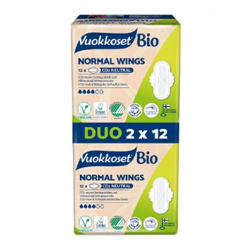 Vuokkoset, BIO, Podpaski z bawełny organicznej ze Skrzydełkami Normal, 2-pack, 2 x 12 sztuk