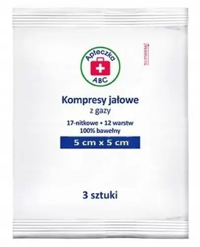 Apteczka ABC kompresy jałowe z gazy 17-nitkowe 12 warstwowe 5 cm x 5 cm 3 sztuki zdjęcie