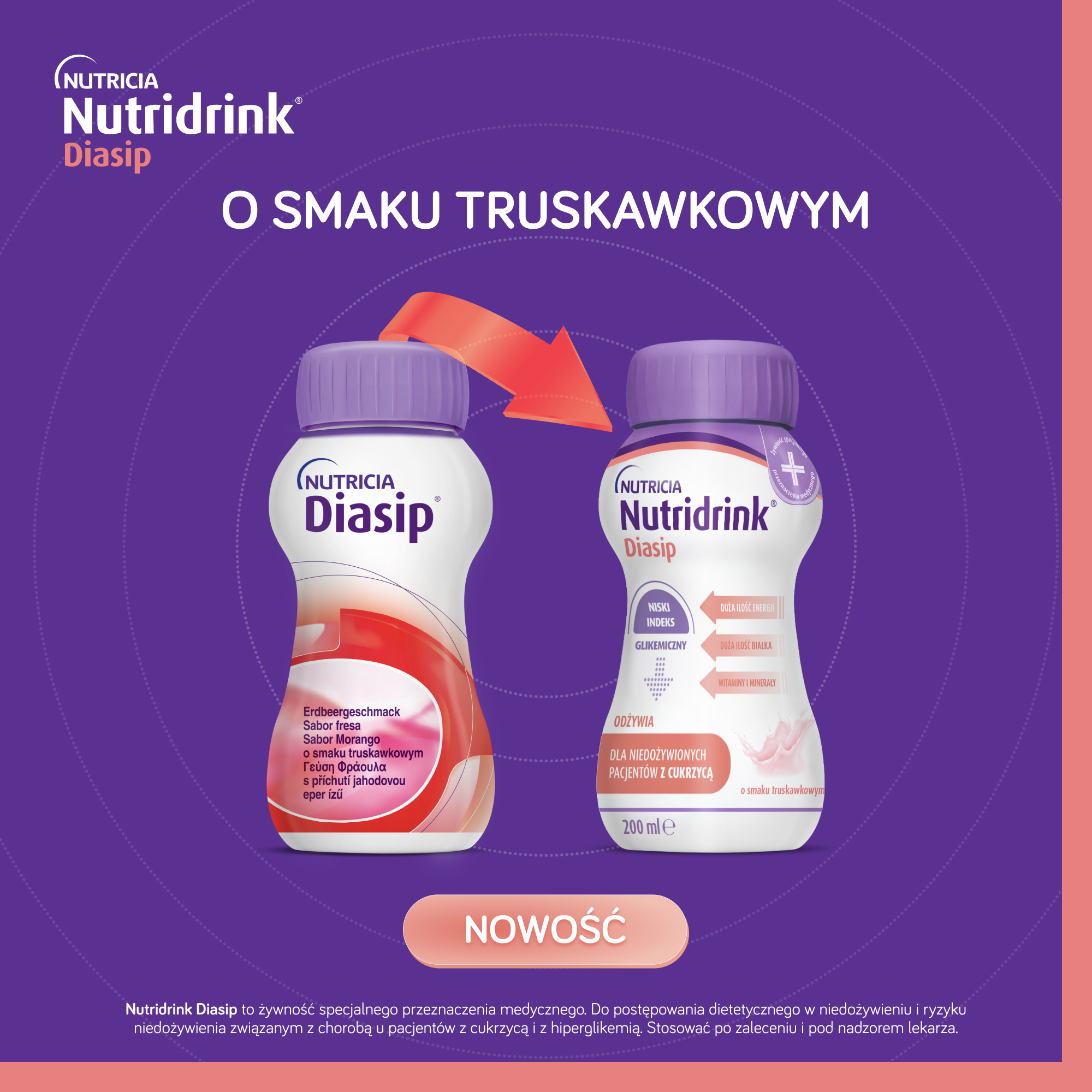 Nutridrink Diasip o smaku truskawkowym, płyn, 4 x 200 ml