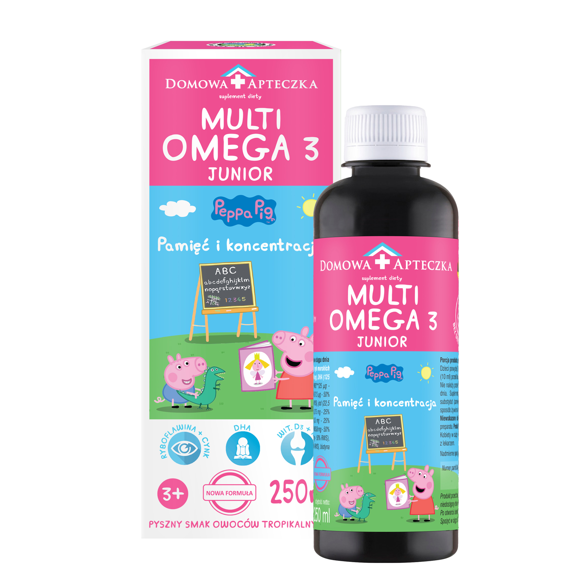 Domowa Apteczka MultiOmega 3 Junior płyn dla dzieci powyżej 3 lat smak owoców tropikalnych 250 ml Nowa formuła zdjęcie