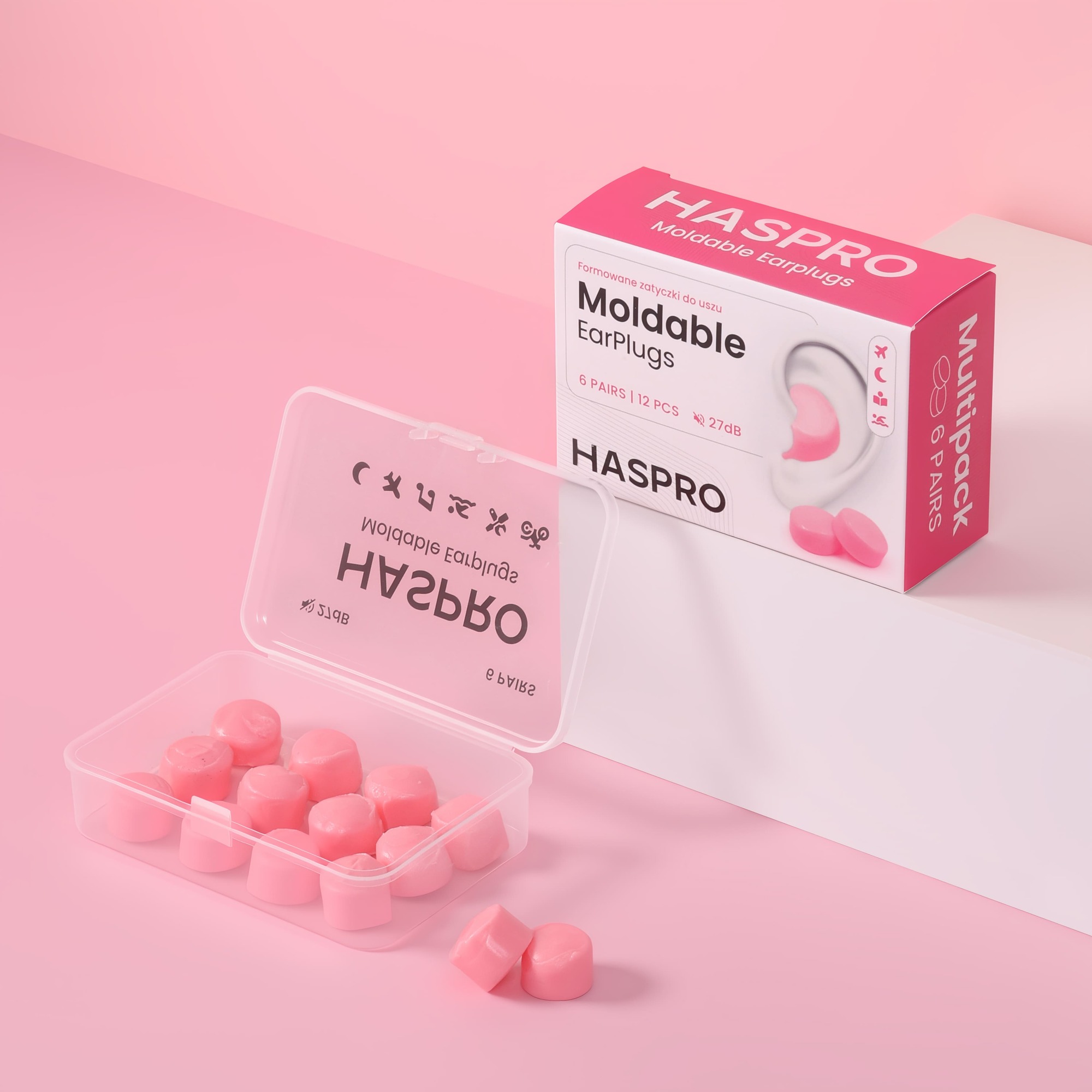 Haspro Moldable Eraplugs 27 dB Formowane zatyczki do uszu kolor różowy, 6 par