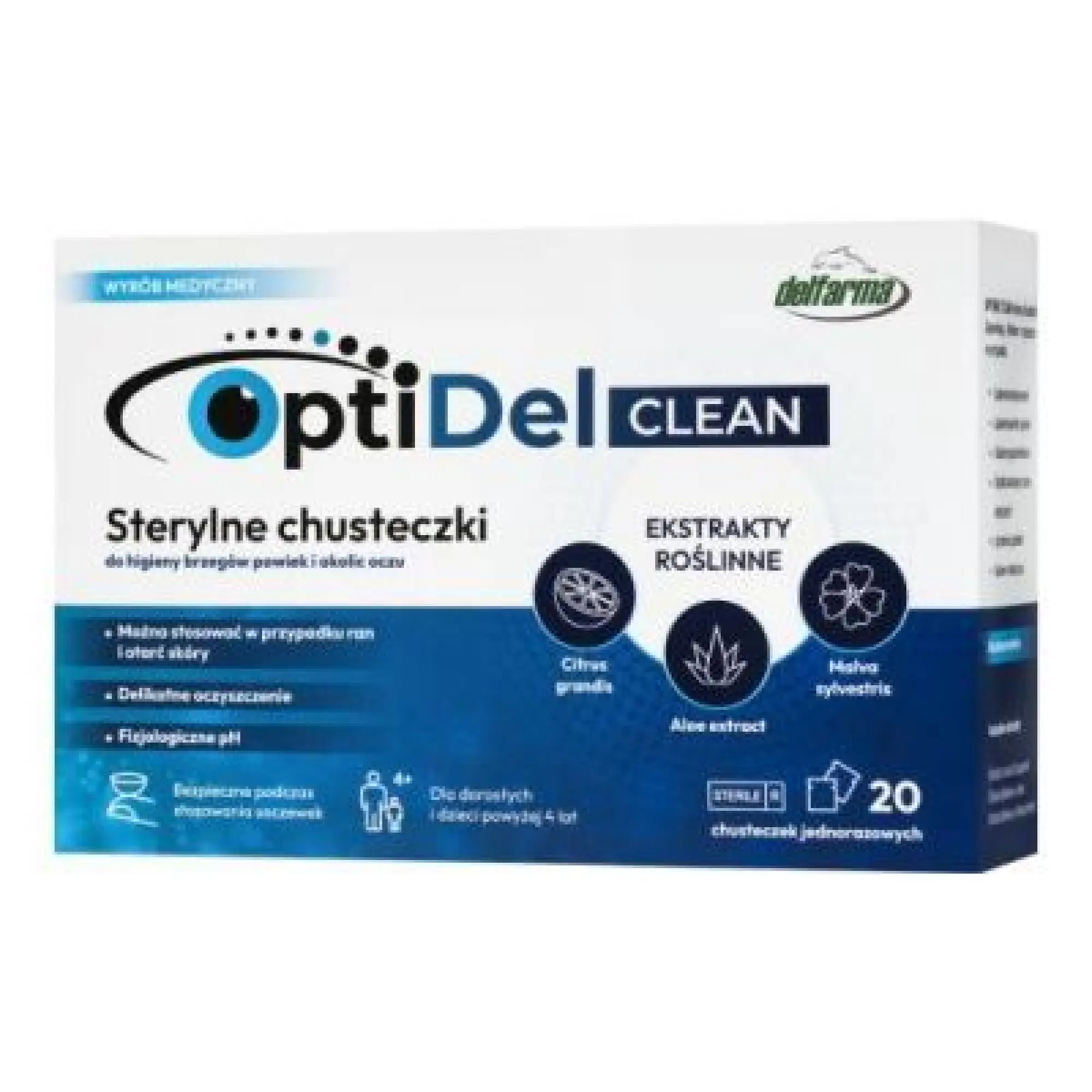 OptiDel Clean, sterylne chusteczki do pielęgnacji oczu, 20 sztuk zdjęcie