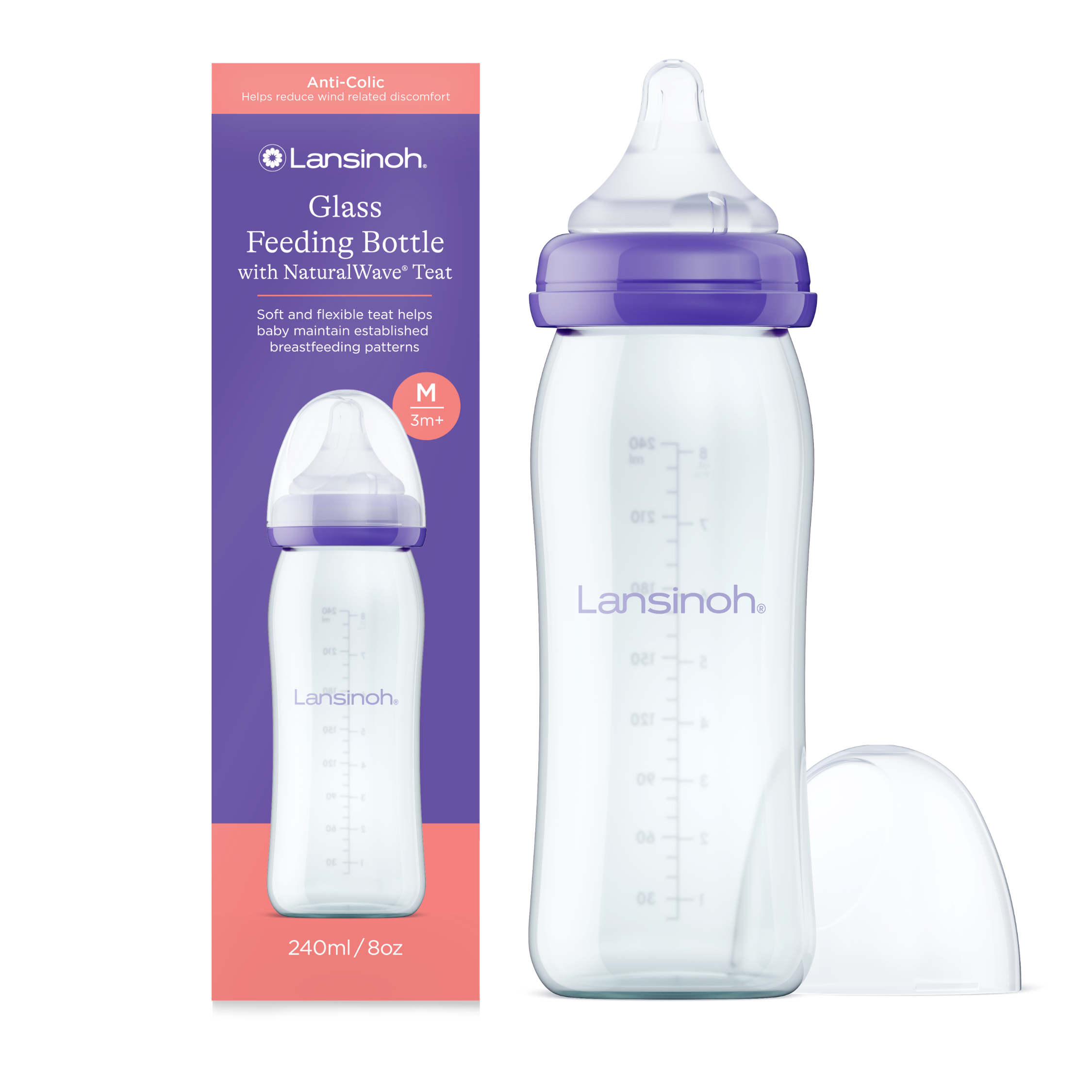Lansinoh Szklana butelka ze smoczkiem o średnim przepływie natural wave, 240 ml