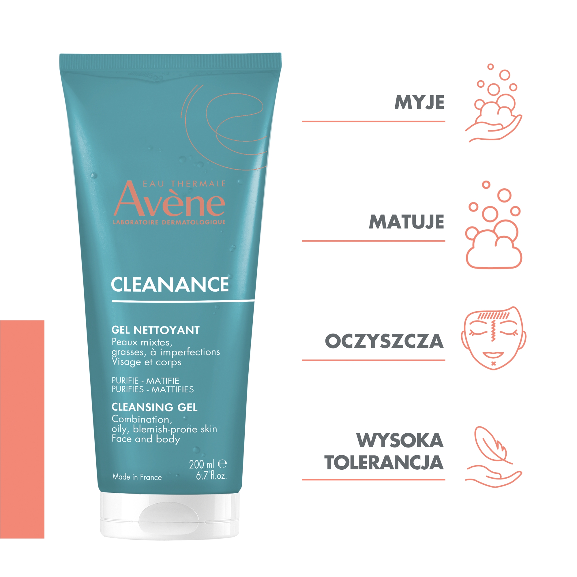 Avene Cleanance, żel oczyszczający do twarzy, skóra trądzikowa, 200 ml