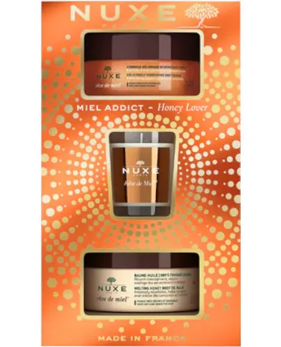 Nuxe Miel Addict Honey Lover odżywczy peeling do ciała 175 ml + olejkowy balsam do ciała 200 ml + świeca zapachowa 70 g [ZESTAW] zdjęcie