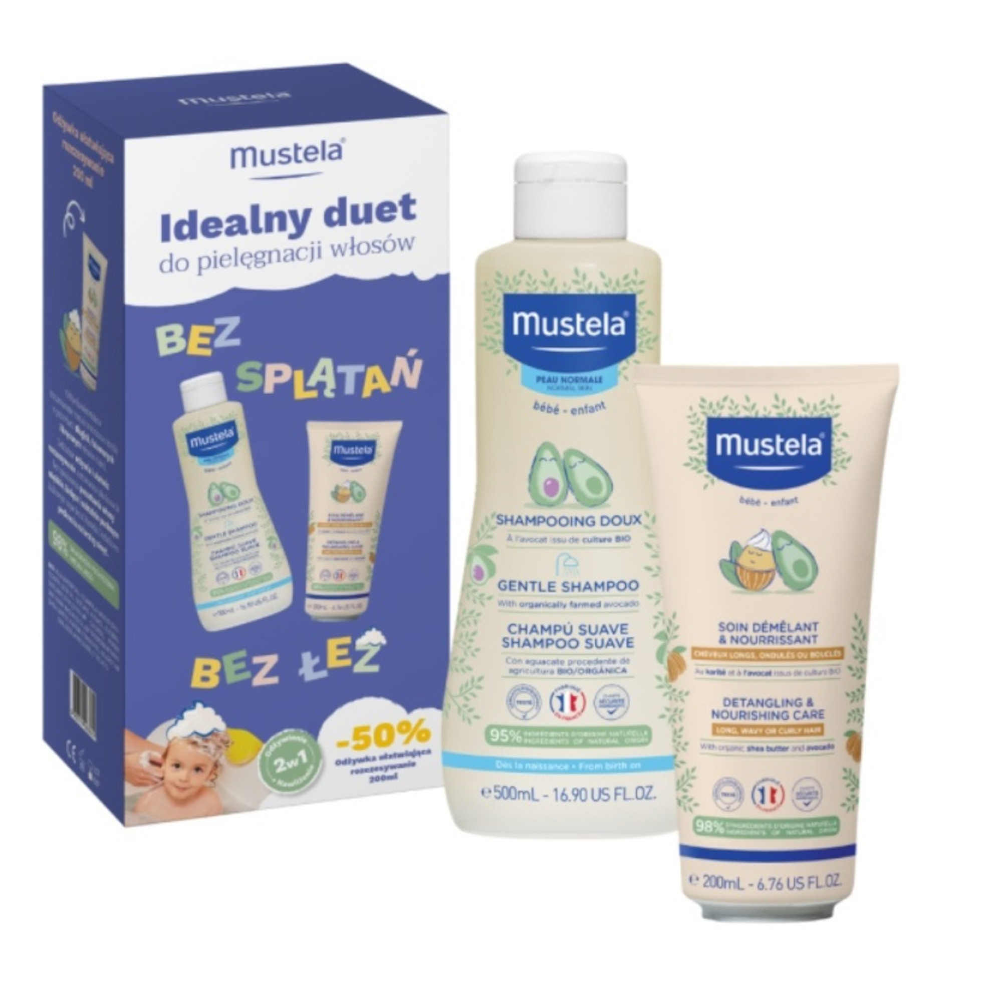 Zestaw Mustela, delikatny szampon, 500 ml + odżywka ułatwiająca rozczesywanie 2w1, 200 ml zdjęcie