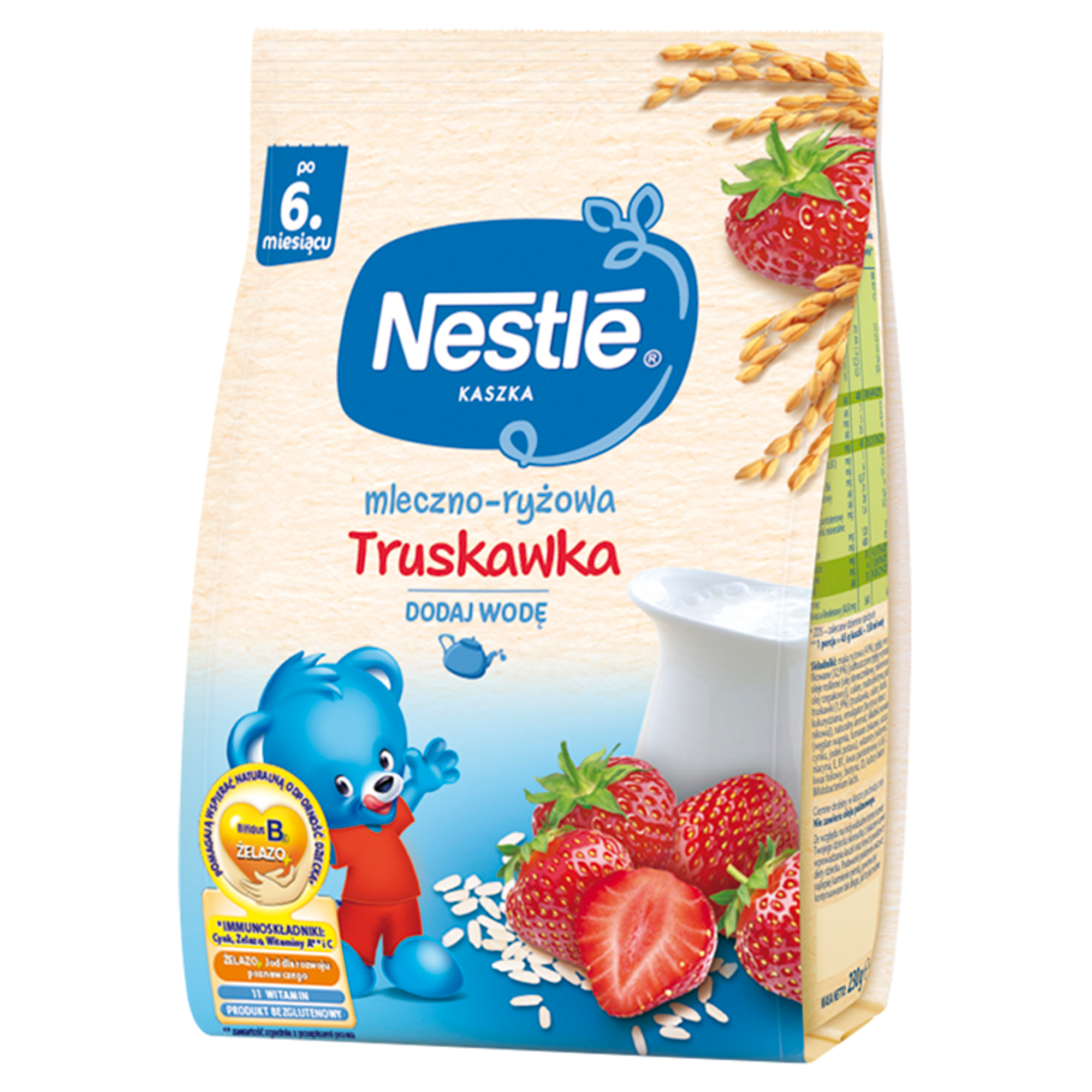 Nestle Kaszka mleczno-ryżowa truskawka po 6. miesiącu - 230 g - cena, opinie, stosowanie zdjęcie