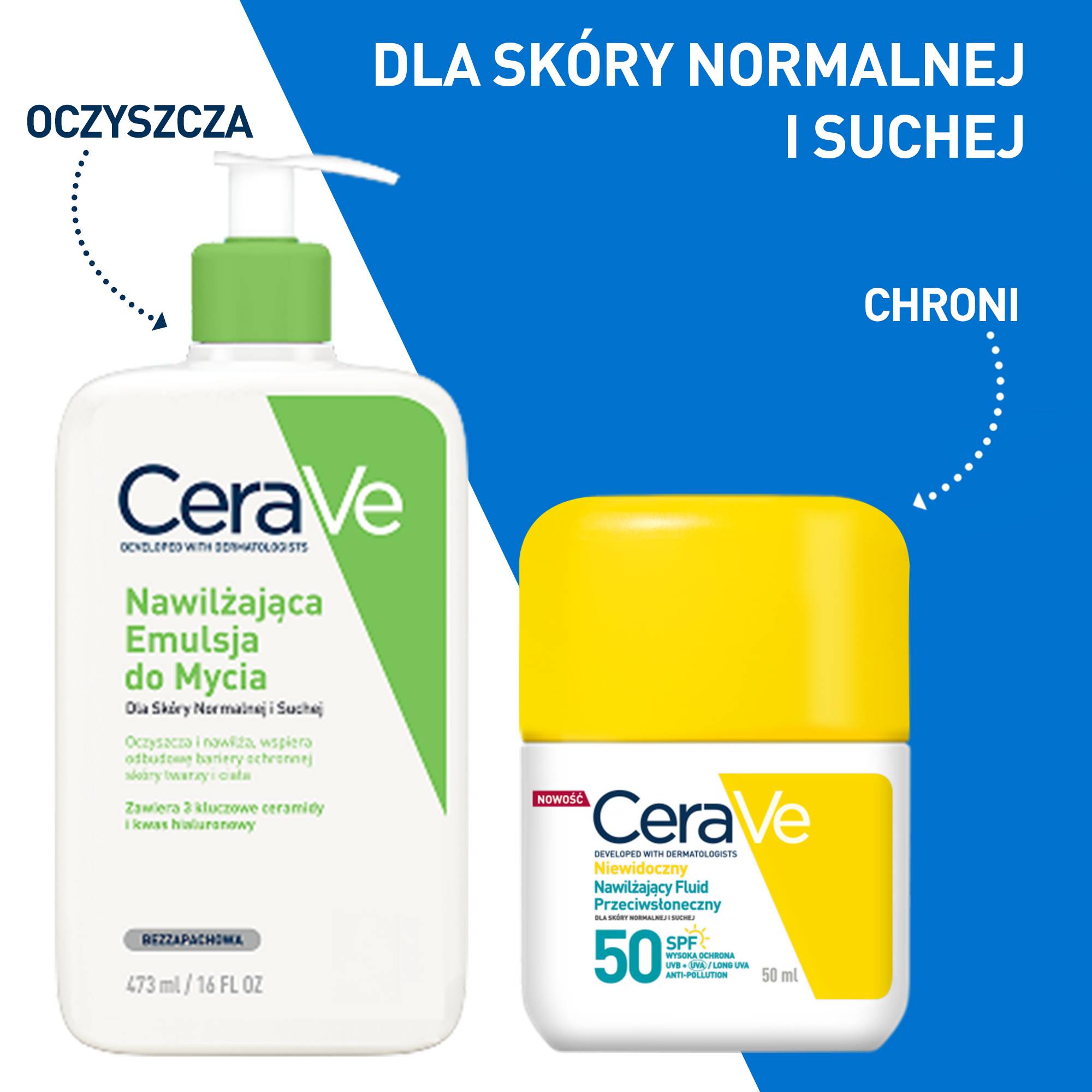 Cerave Sun, niewidoczny nawilżający fluid przeciwsłoneczny do skóry suchej SPF 50, 50 ml