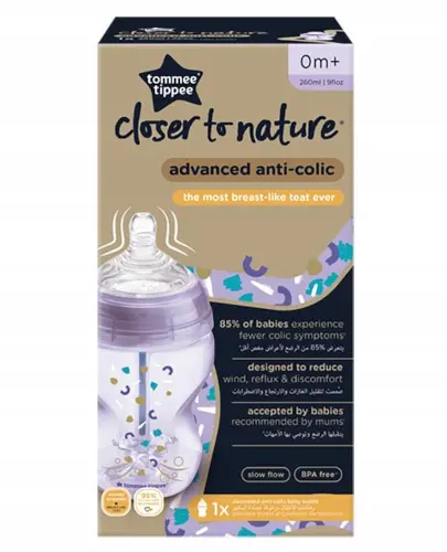 Tommee Tippee Advanced Anti-colic butelka antykolkowa ze smoczkiem o wolnym przepływie 0m+ fioletowa 260 ml [42257604] zdjęcie