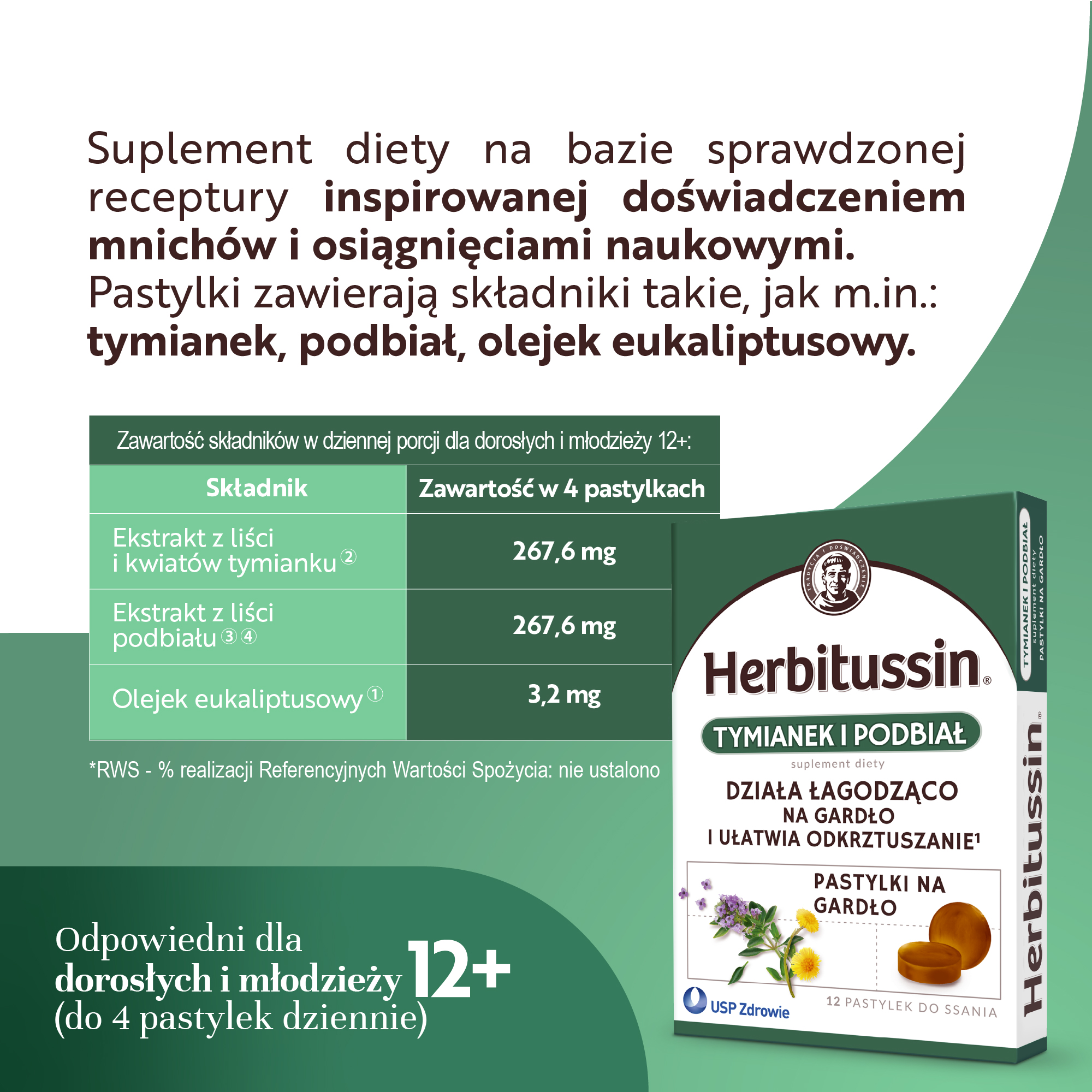 Herbitussin Tymianek i podbiał 12 pastylek do ssania