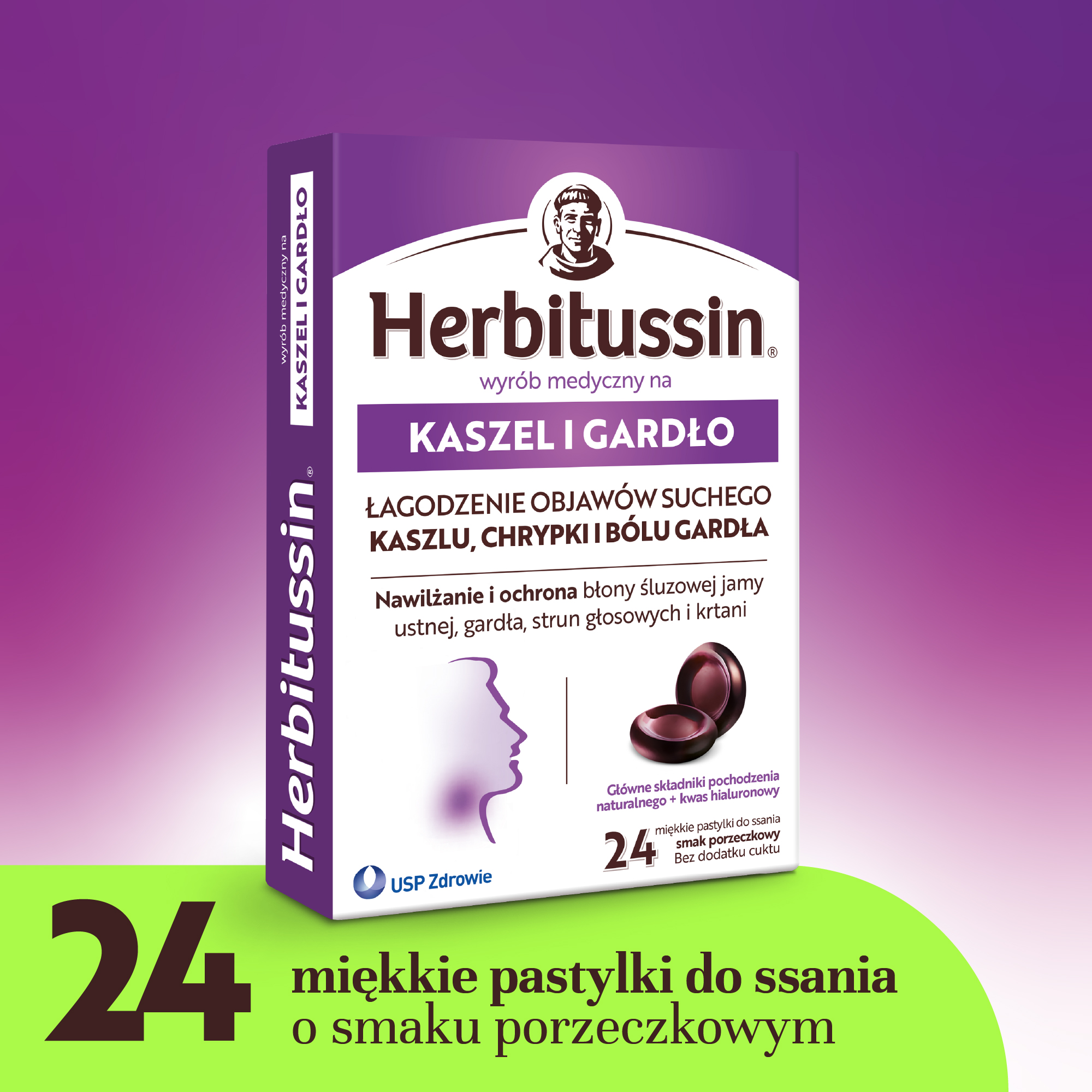 Herbitussin na kaszel i gardło, pastylki, 24 sztuki