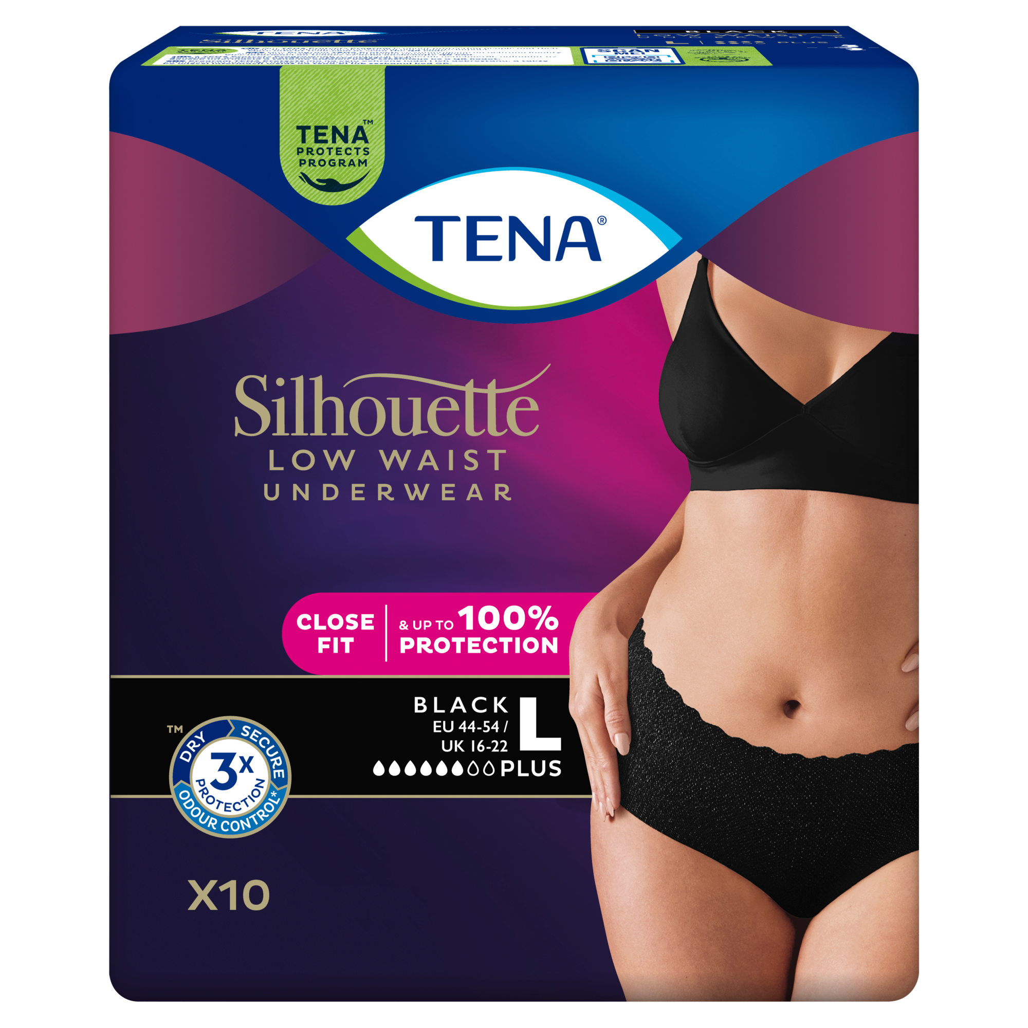 TENA Silhouette Plus majtki chłonne z niskim stanem, Black, rozmiar L, 10 sztuk zdjęcie