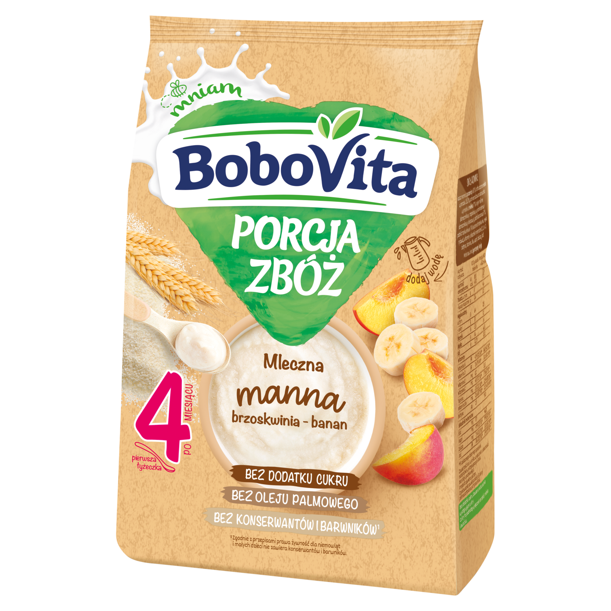 BOBOVITA PORCJA ZBÓŻ Manna kaszka mleczna bananowo-brzoskwiniowa po 4 m-cu - 210 g zdjęcie