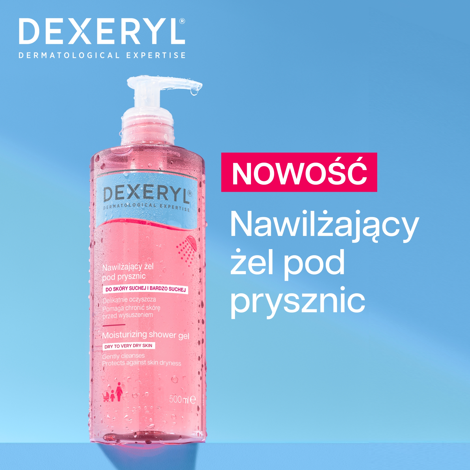 Dexeryl Nawilżający żel pod prysznic 2w1 oczyszczanie i nawilżanie, 500 ml