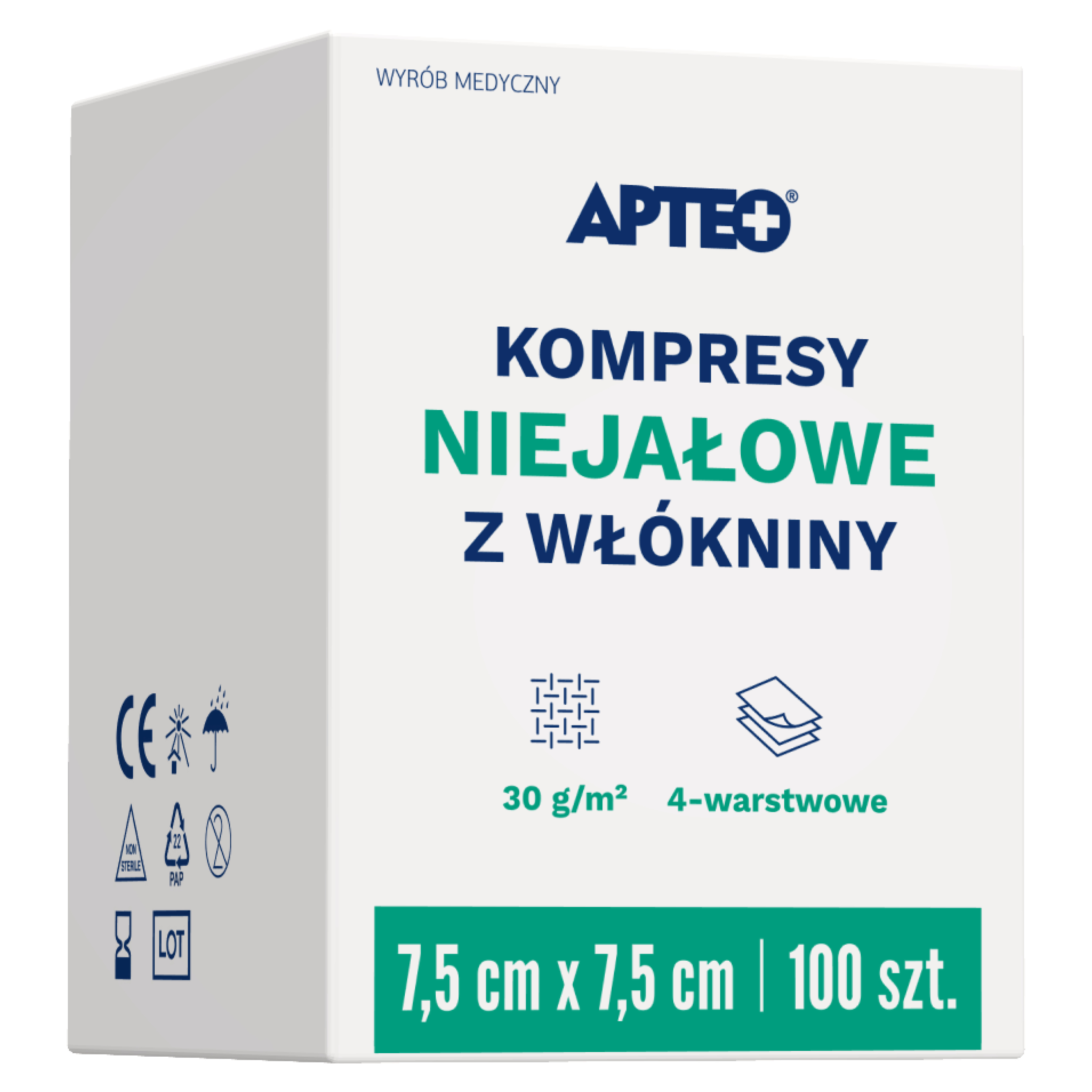 Apteo Kompresy niejałowe z włókniny 7,5 cm x 7,5 cm 100 sztuk zdjęcie