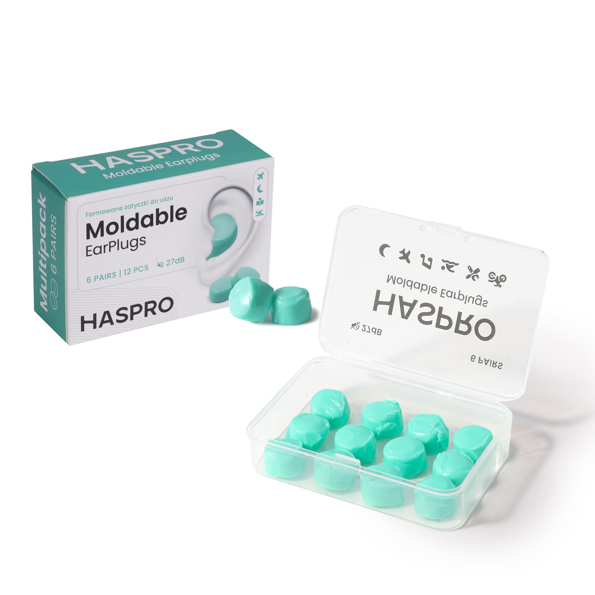 Zatyczki do uszu formowane wielorazowe Haspro Moldable EarPlugs zielone 6 par