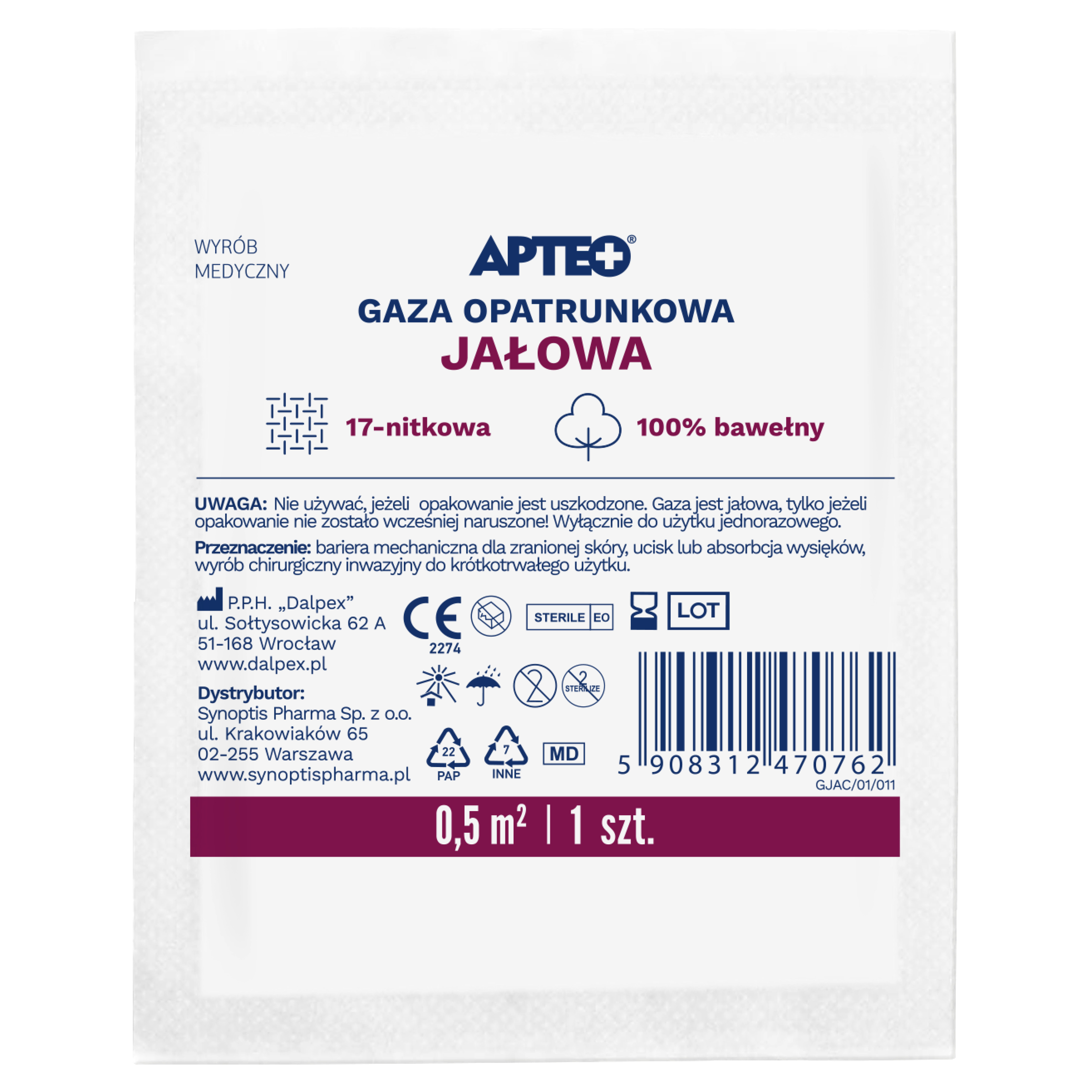 Apteo Care jałowa gaza opatrunkowa 17-nitkowa 0,5m x 0.5m 1 sztuka zdjęcie