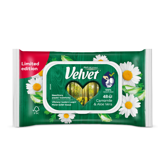 Velvet Rumianek i Aloes, Nawilżany papier toaletowy, 48 sztuk zdjęcie