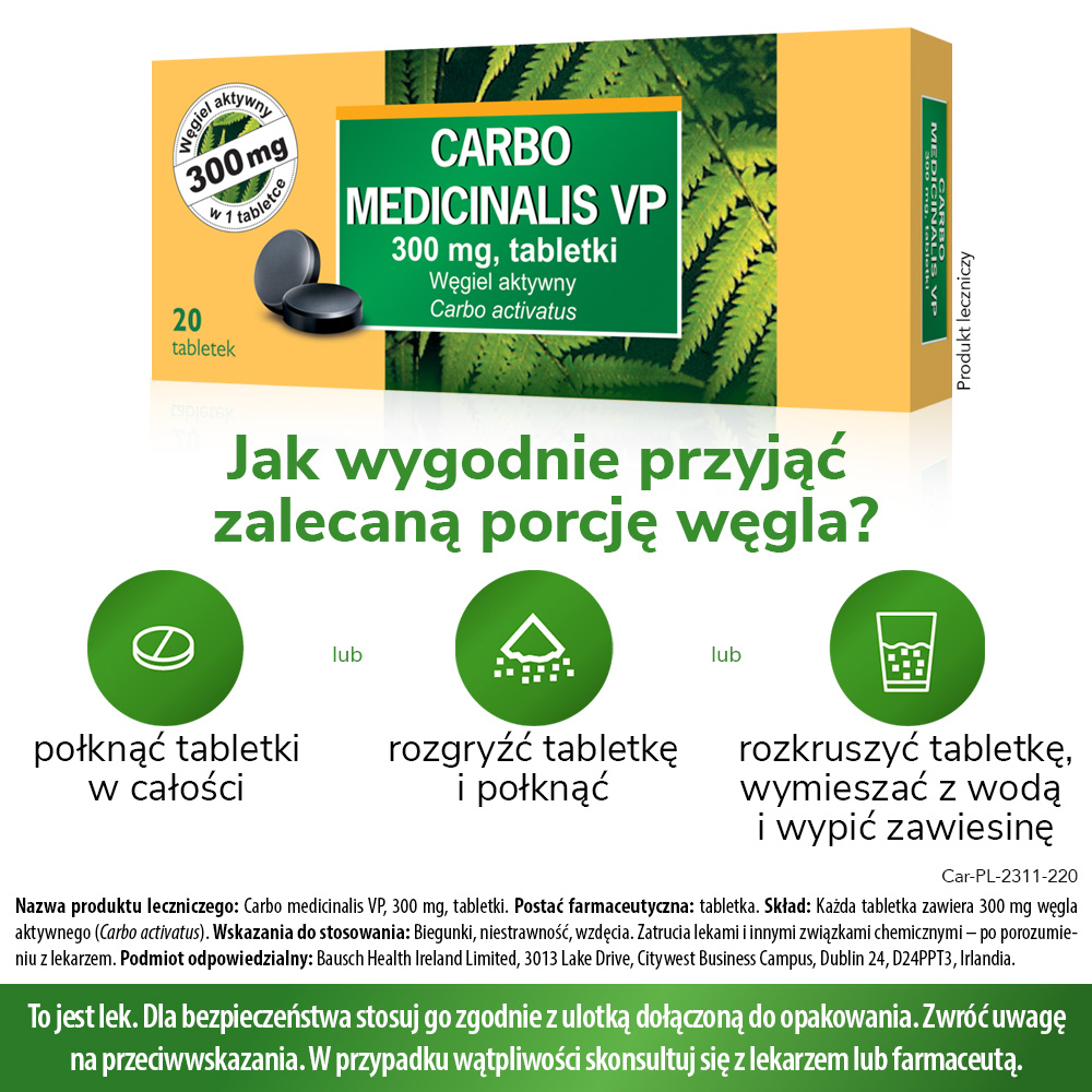 Carbo Medicinalis Vp 300 mg, węgiel aktywny, tabletki, 20 sztuk