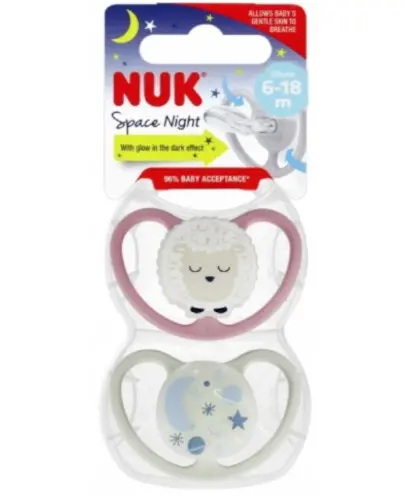 Nuk Space night Smoczek uspokajający silikonowy 6-18m, 2 sztuki zdjęcie