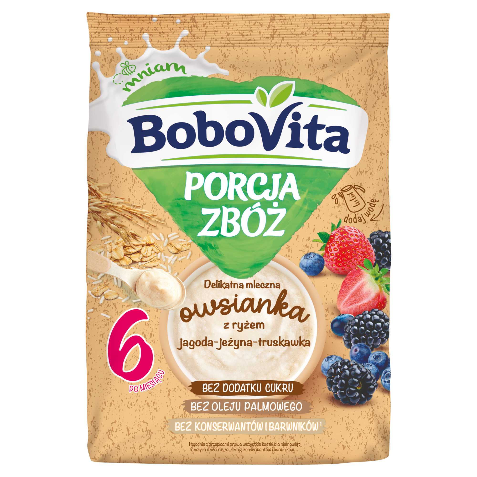 BoboVita Porcja Zbóż Delikatna Mleczna Owsianka z ryżem jagoda-jeżyna-truskawka po 6. miesiącu, 210 g zdjęcie